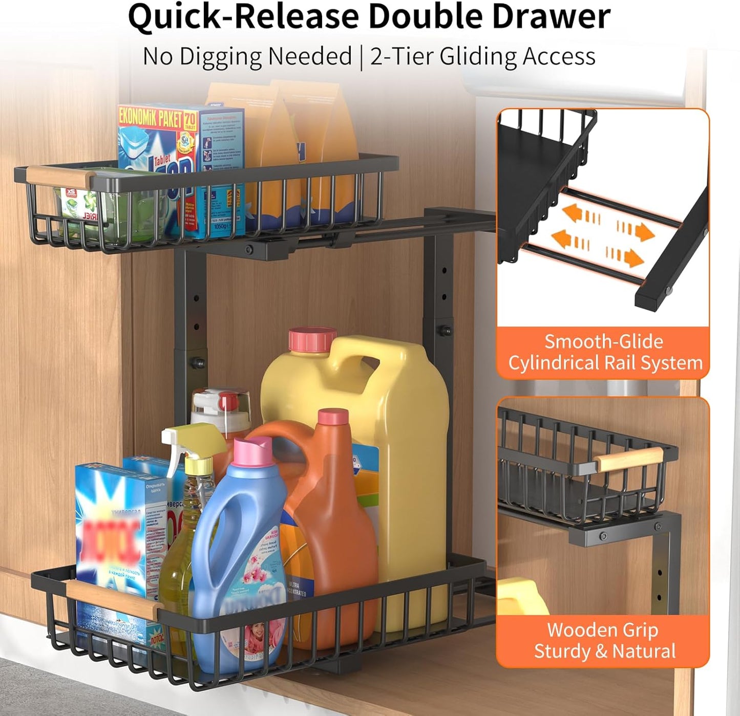 Under Sink Organizer, 2 Pack Under Sink Organizers and Storage, 2-Tier Pull Out Under Cabinet Organizer Storage Shelf, Metal Frame, Height Adjustable Rack for Bathroom Kitchen Pantry