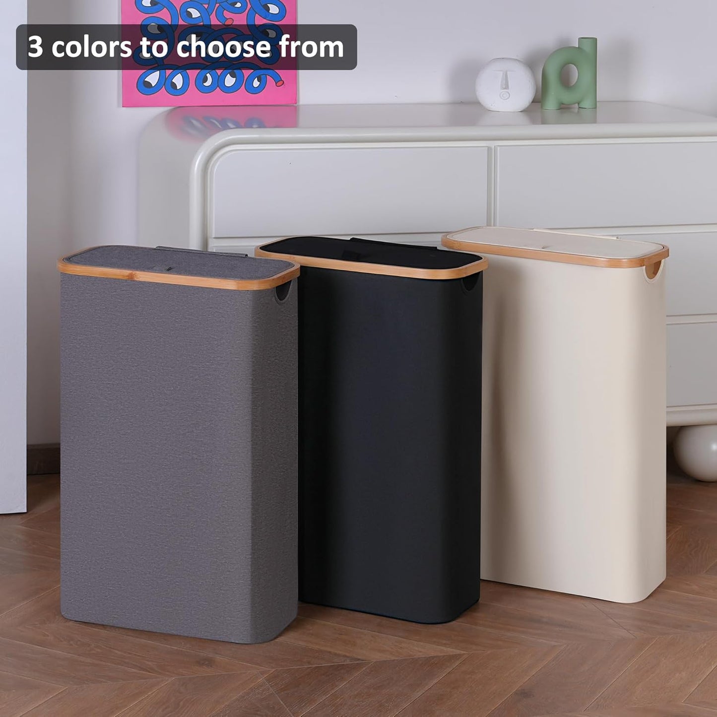 Slim Laundry Basket,60L Laundry Hamper with Lid, Tall Hamper for Laundry,Dirty Cloth Hamper with Bamboo Handle for Toys,Towels, Clothes Organizing,Grey