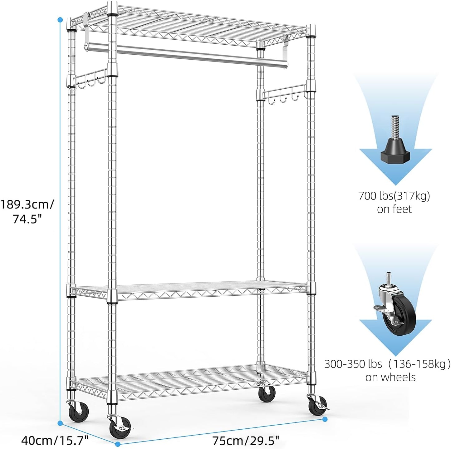 Heavy Duty Rolling Garment Rack 3 Tiers Adjustable Wire Shelving Clothes Rack with Rods and Side Hooks,Storage Closet Clothing Rack with Wheels Chrome 15.7" D x 29.5" W x 74.5" H