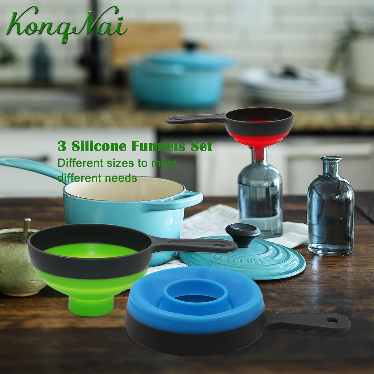 KongNai Canning Funnel for Wide and Regular Jars,Wide Mouth Funnels Sets of 3, Large for Mason Jar, Food Grade Collapsible Silicone Kitchen Accessories for Transfer Jam, Juice, Spices and Oil