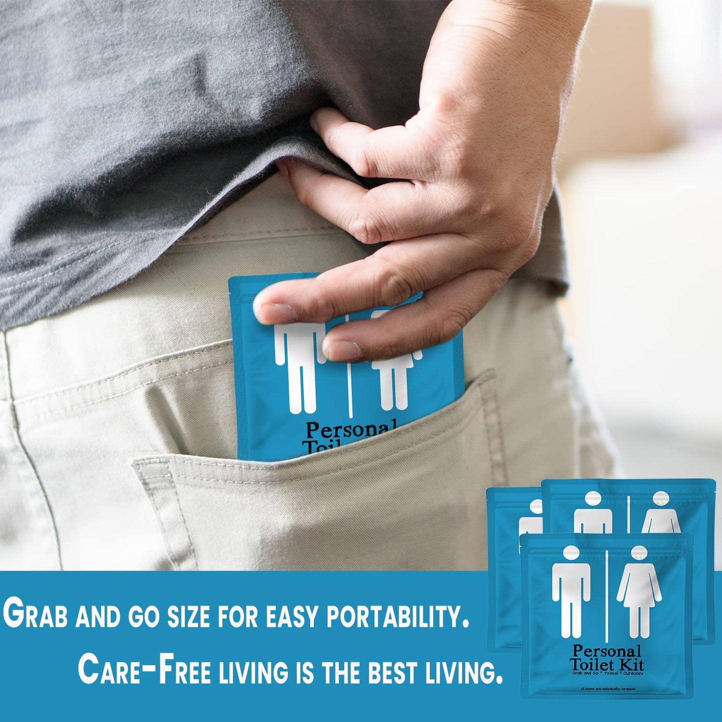 Personal Toilet Kit To Go – 10 Pack | Disposable Public Restroom Kit | Individually Wrapped for Toilet Protection Kit | Toilet Paper, Toilet Seat Cover, Butt Wipes, Cleansing Wipes (Light Blue)