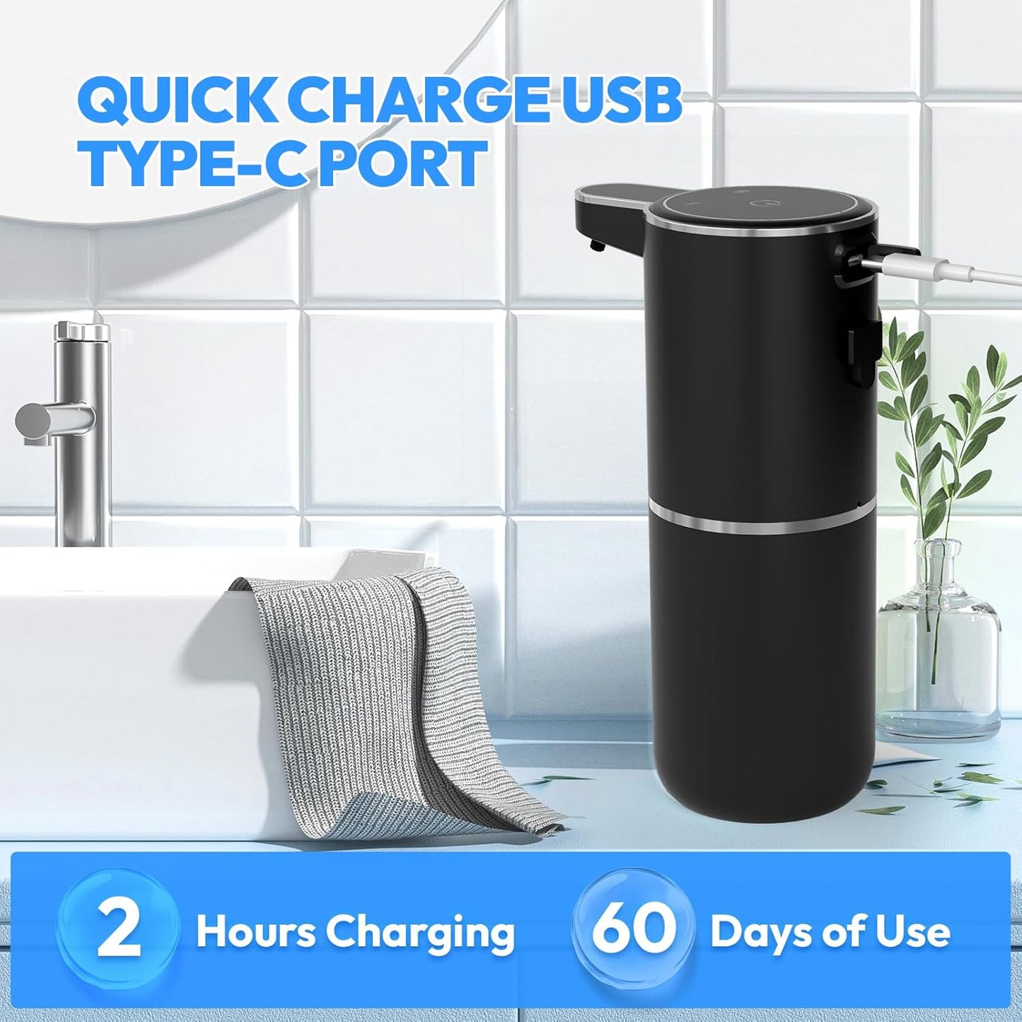 2 Pack Automatic Foaming Soap Dispenser,Touchless Foam Soap Dispenser,12.8oz Rechargeabled Wall Mounted Smart for Bathroom and Kitchen Dish Soap,Easy for Toddlers(Black)