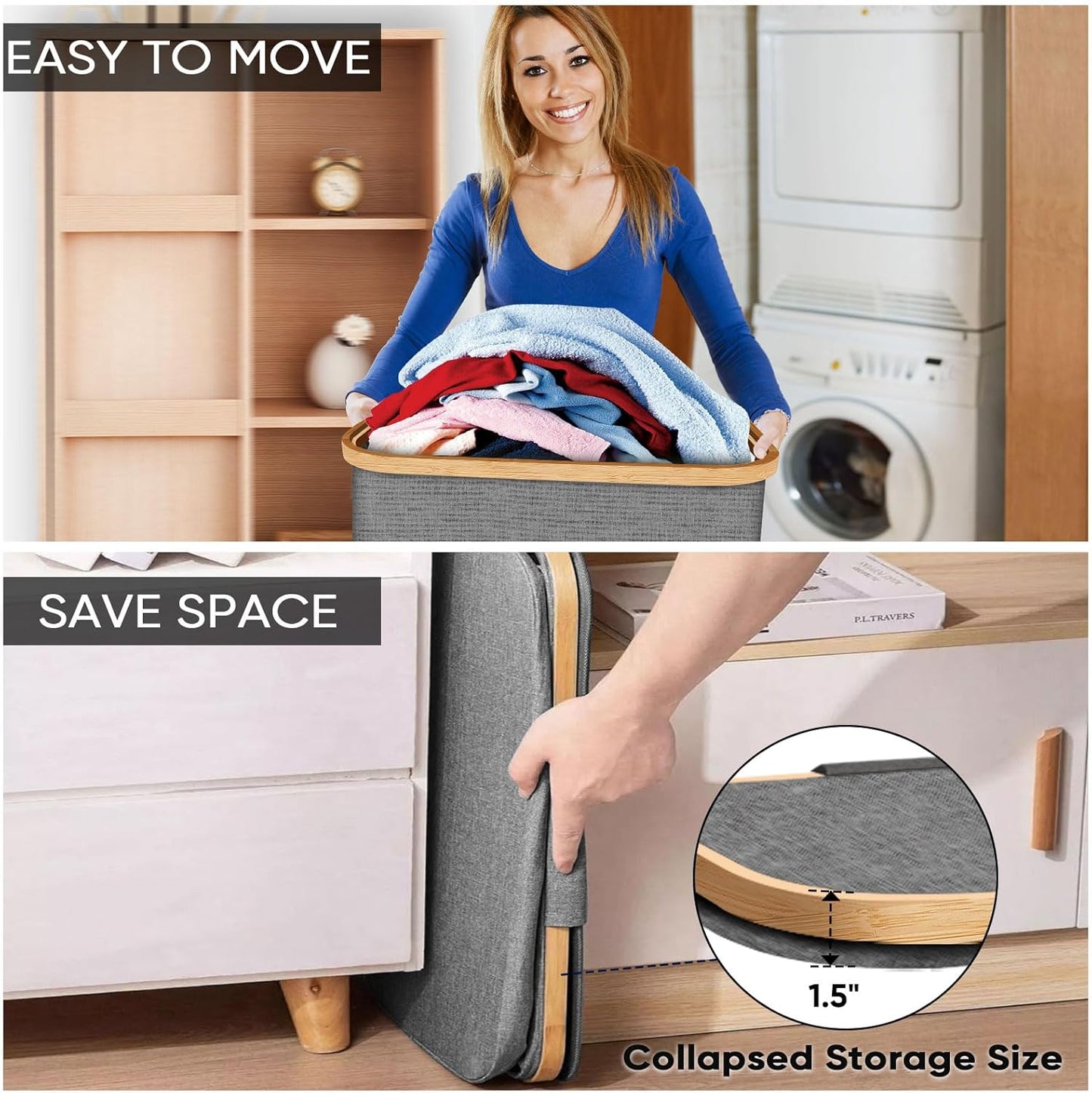 BALEINE Laundry Hamper with Lid, Tall Laundry Baskets with Bamboo Pull Handles, Large Laundry Bin with Internal Support (26 Gal/100L, Beige)