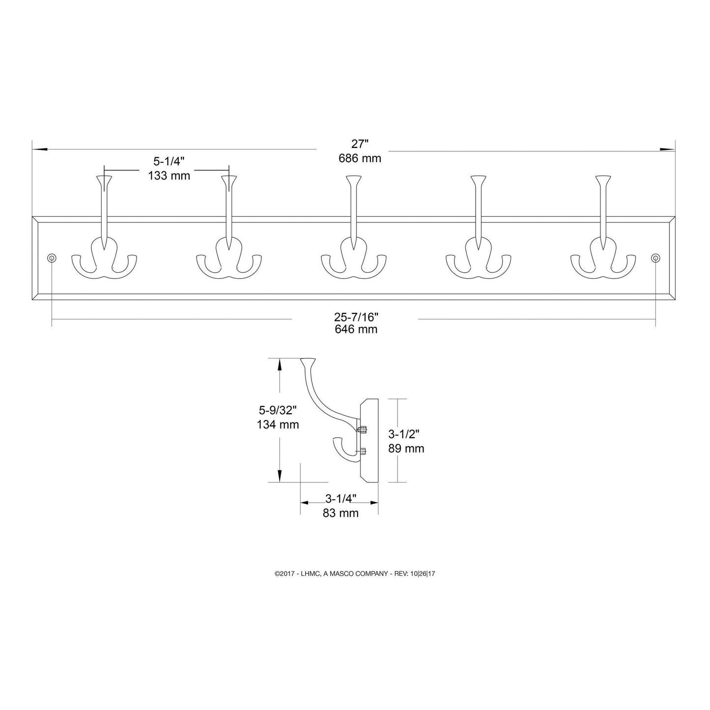 Liberty Hardware 129848 Wall Mounted Coat Rack with 5 Decorative Hooks, 27-Inch, Satin Nickel and