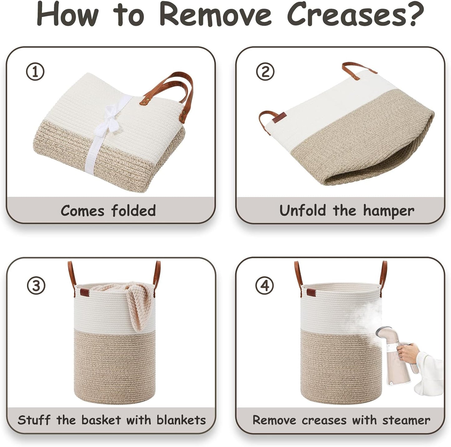 VIPOSCO Tall Laundry Basket, Large Dirty Clothes Hamper with Leather Handle, Woven Rope Storage Basket for Blanket, Toy In Living Room, Bathroom, Bedroom - 53L White & Brown