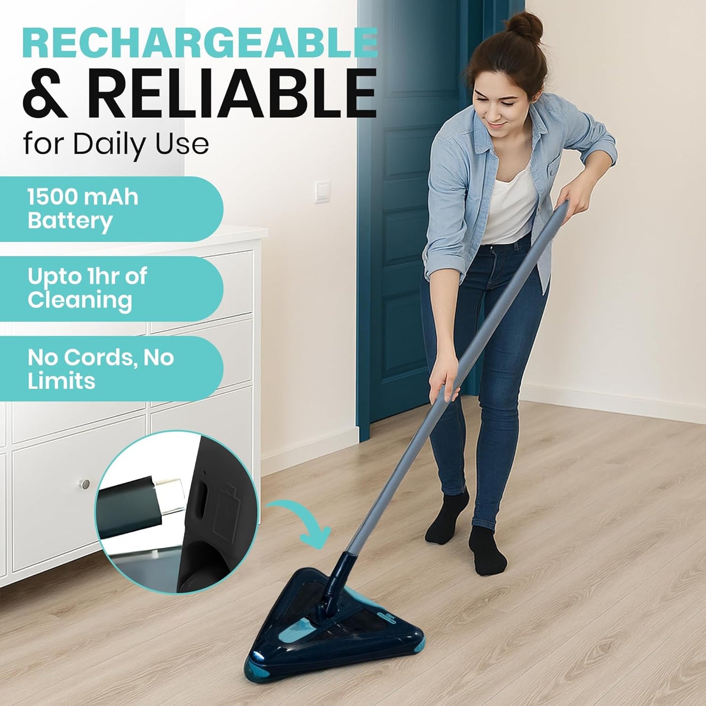 Zippi Sweeper Max Plus - 2025 Version Lightweight Sweeper, Triangular Design Allows for Sweeping in Corners, Perfect for Short Carpet Hardwood and Tile, LED Light, 1 Hr Cleaning Time