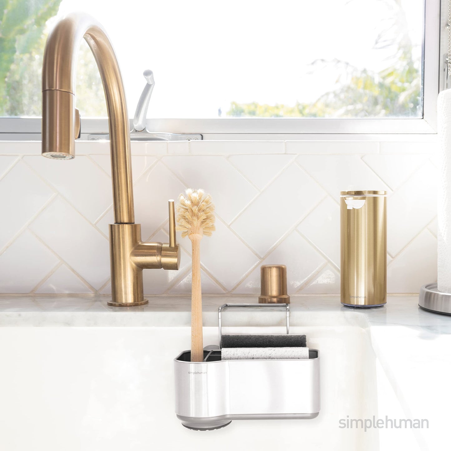 simplehuman Sink Caddy, Sponge Holder for Kitchen Sink with Compartment Dividers, 4 Suction Cups &