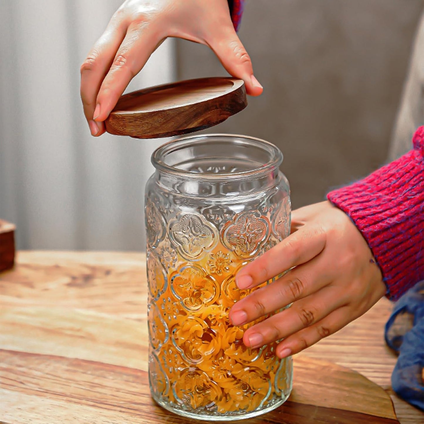 34 OZ/2 PCS Glass Storage Jar with Airtight Bamboo Wooden Lids, Vintage Food Containers Canisters Sets for Kitchen Counter Pantry, Sugar, Flour, Candy, Tea, Coffee Beans, Oats, Grain Bin, Pasta,