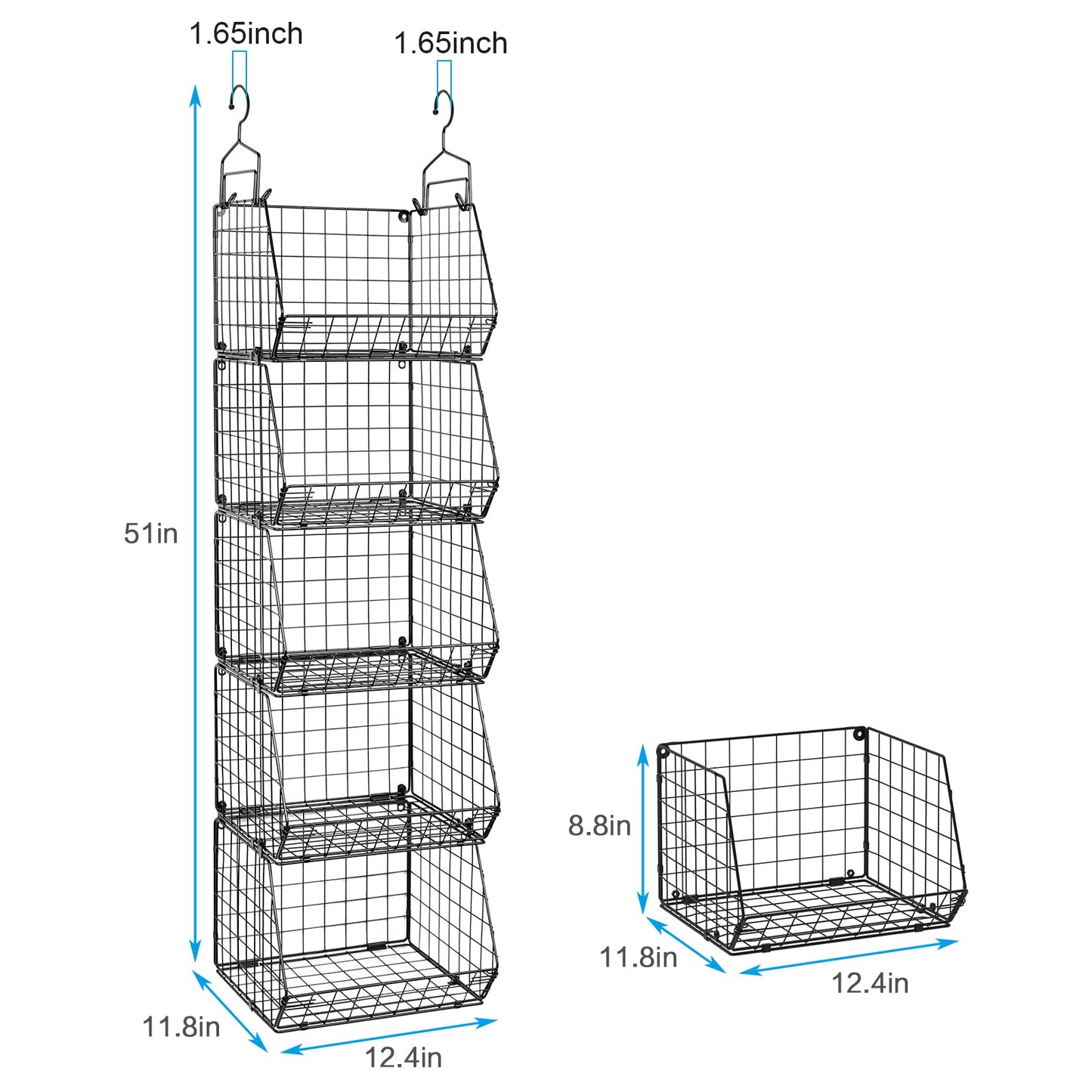 X-cosrack 5 Tier Closet Hanging Organizer, Clothes Hanging Shelves with 4 Hanging Hooks 5 S Hooks