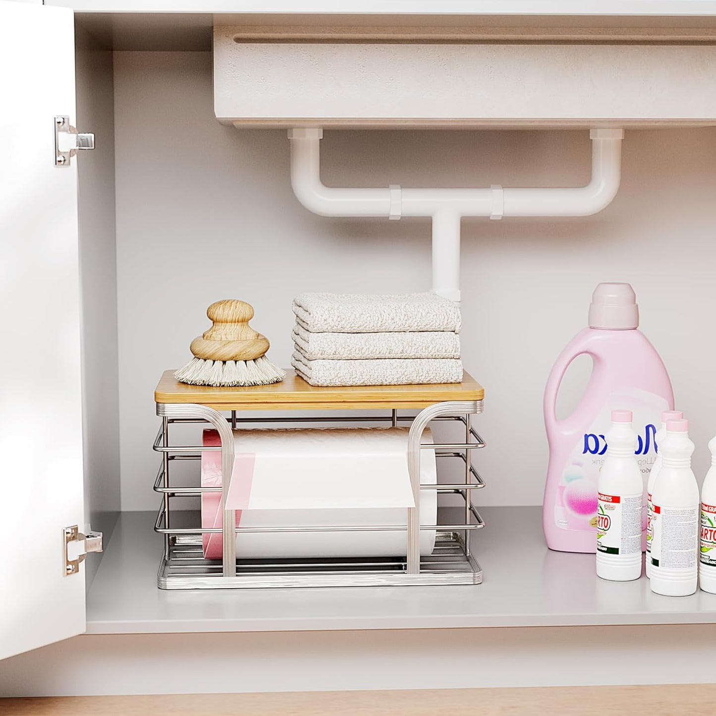 Trash Bag Holder with Bamboo Top, Wall Mount 304 Stainless Steel Garbage Bag Dispenser,Stackable Storage for Kitchen Laundry Organization,Silver Small