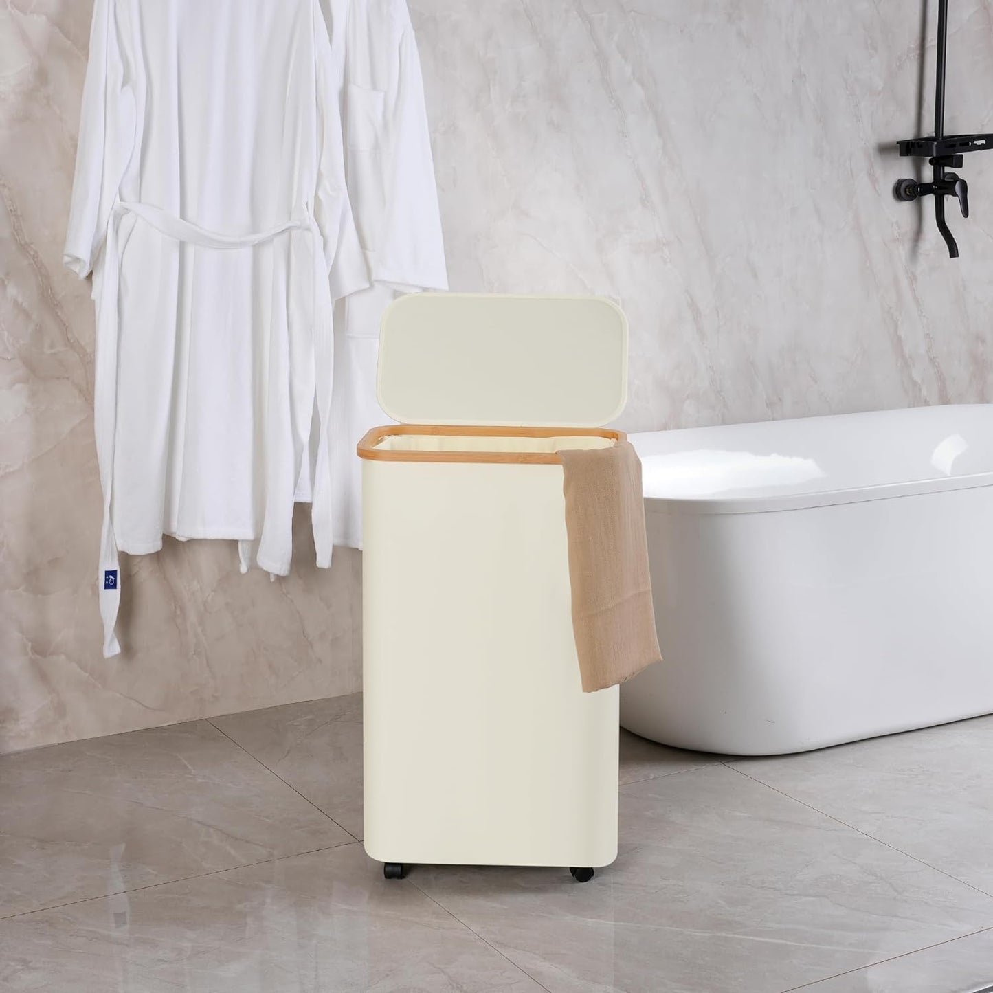 efluky Slim Laundry Basket with Wheels, Narrow Rolling Laundry Hamper with Lid and Removable Bag, Aesthetic Dirty Clothes Hamper on Wheels for Laundry Room, Bedroom, Dorm and Bathroom, 75L Beige