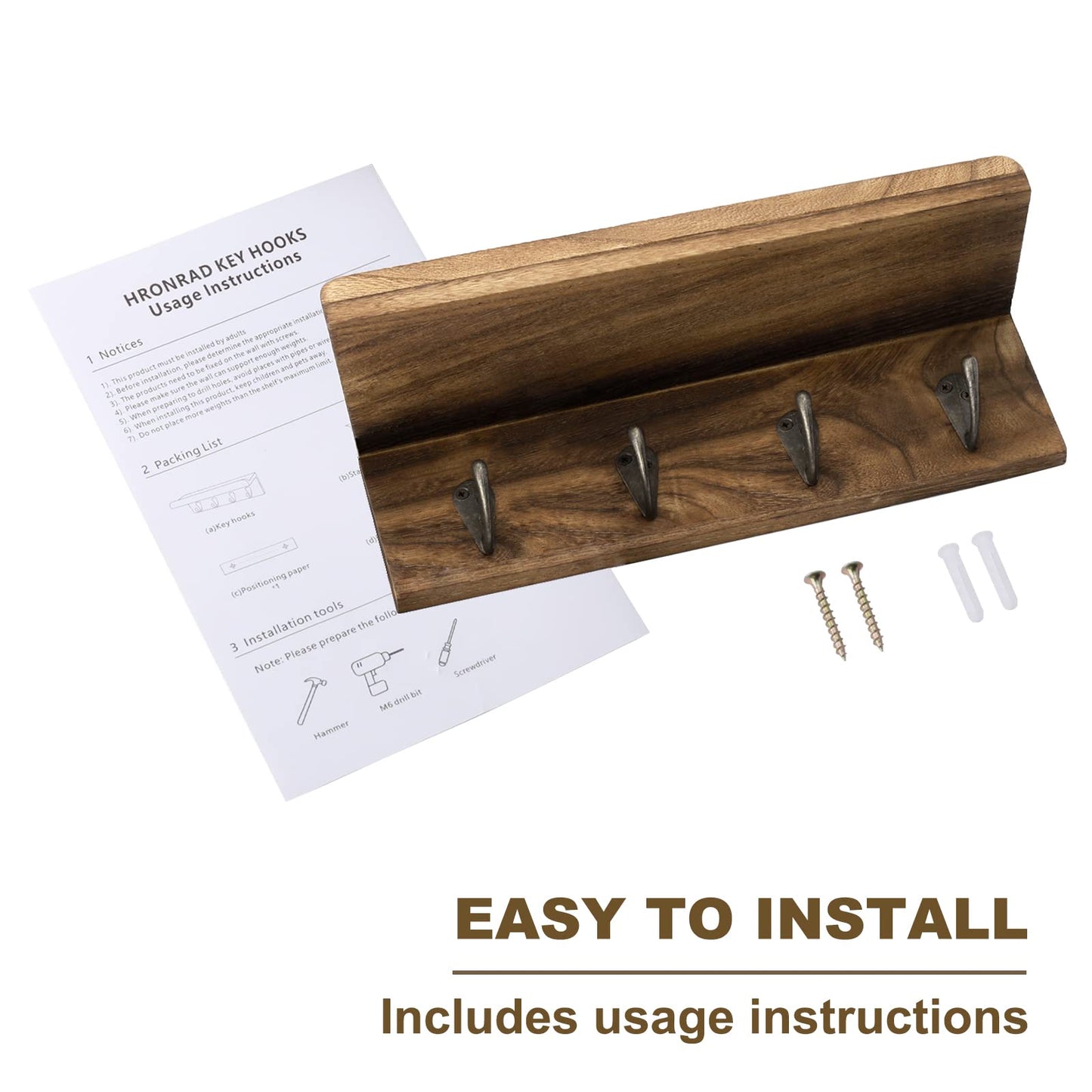 HRONRAD Rustic Key Holder for Wall, Farmhouse Wall Shelf with 4 Hooks, Wall Mounted Key Racks