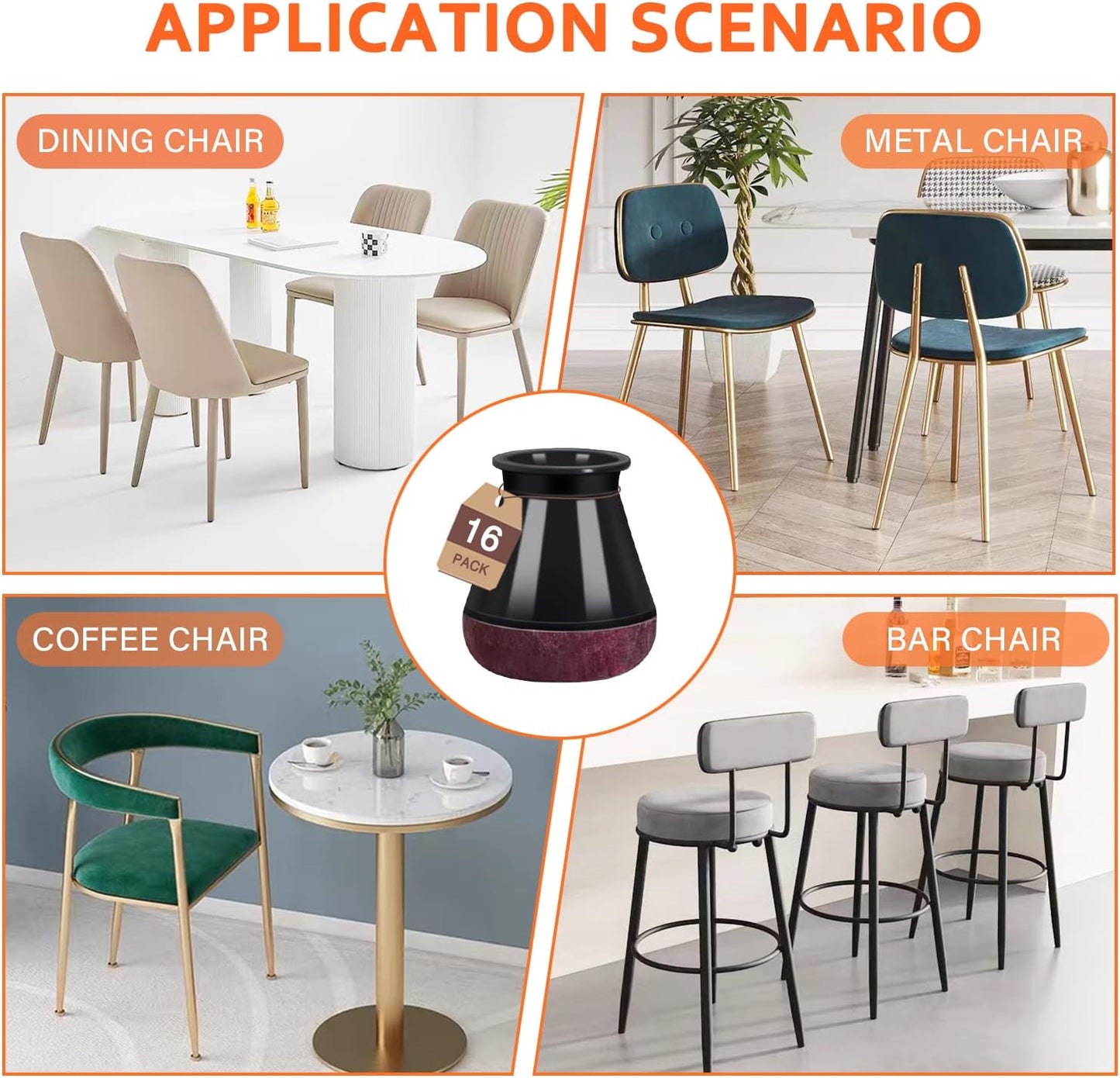 Chair Leg Floor Protectors for Hardwood Floors Felt Furniture Pads Silicone Caps Anti-Scratch Reduce Noise Round 16 Pack Black Round Small Fit 1/2" to 3/4" (14-19mm)