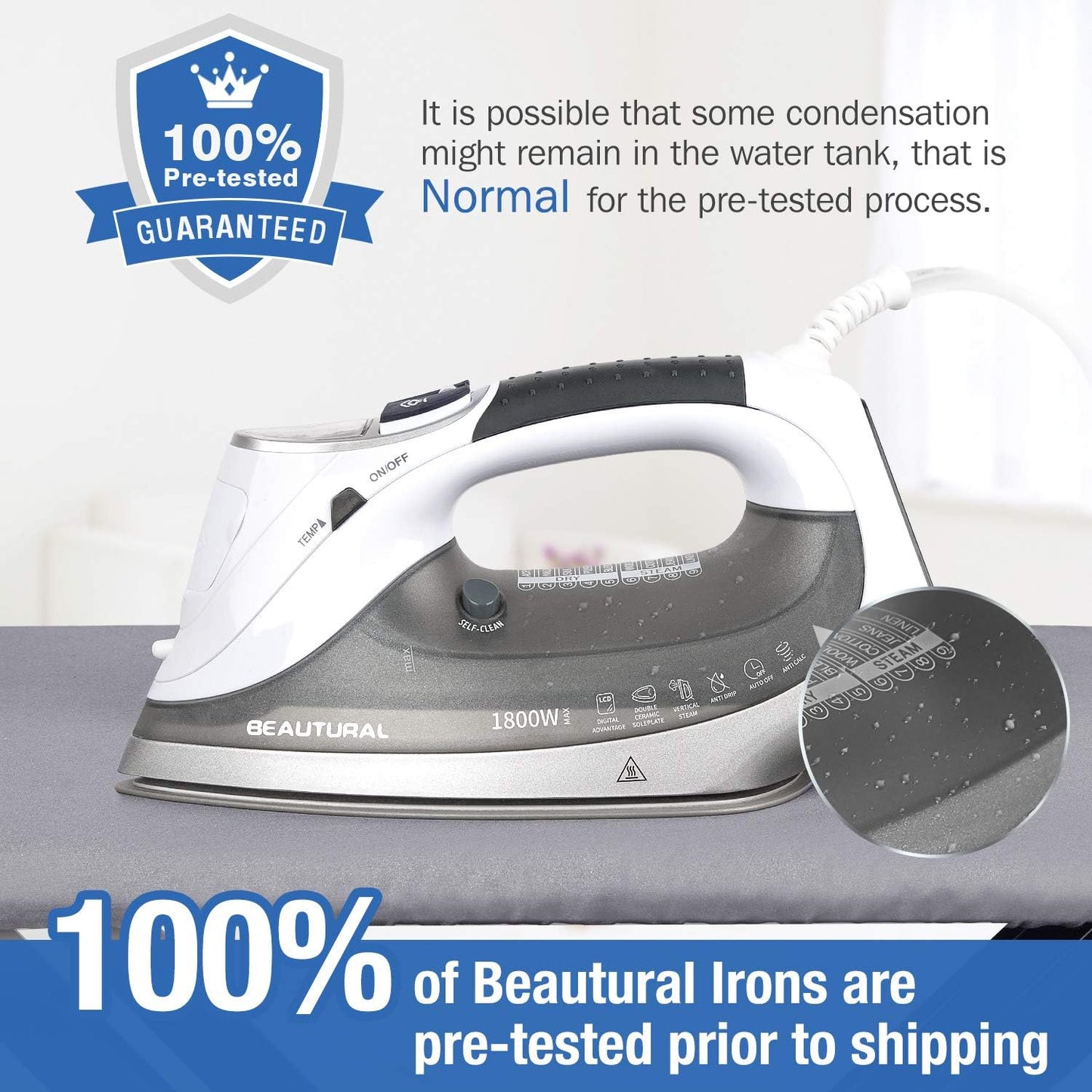 BEAUTURAL 1800-Watt Steam Iron with Digital LCD Screen, Double-Layer and Ceramic Coated Soleplate, 3-Way Auto-Off, 9 Preset Temperature and Steam Settings for Variable Fabric Gray