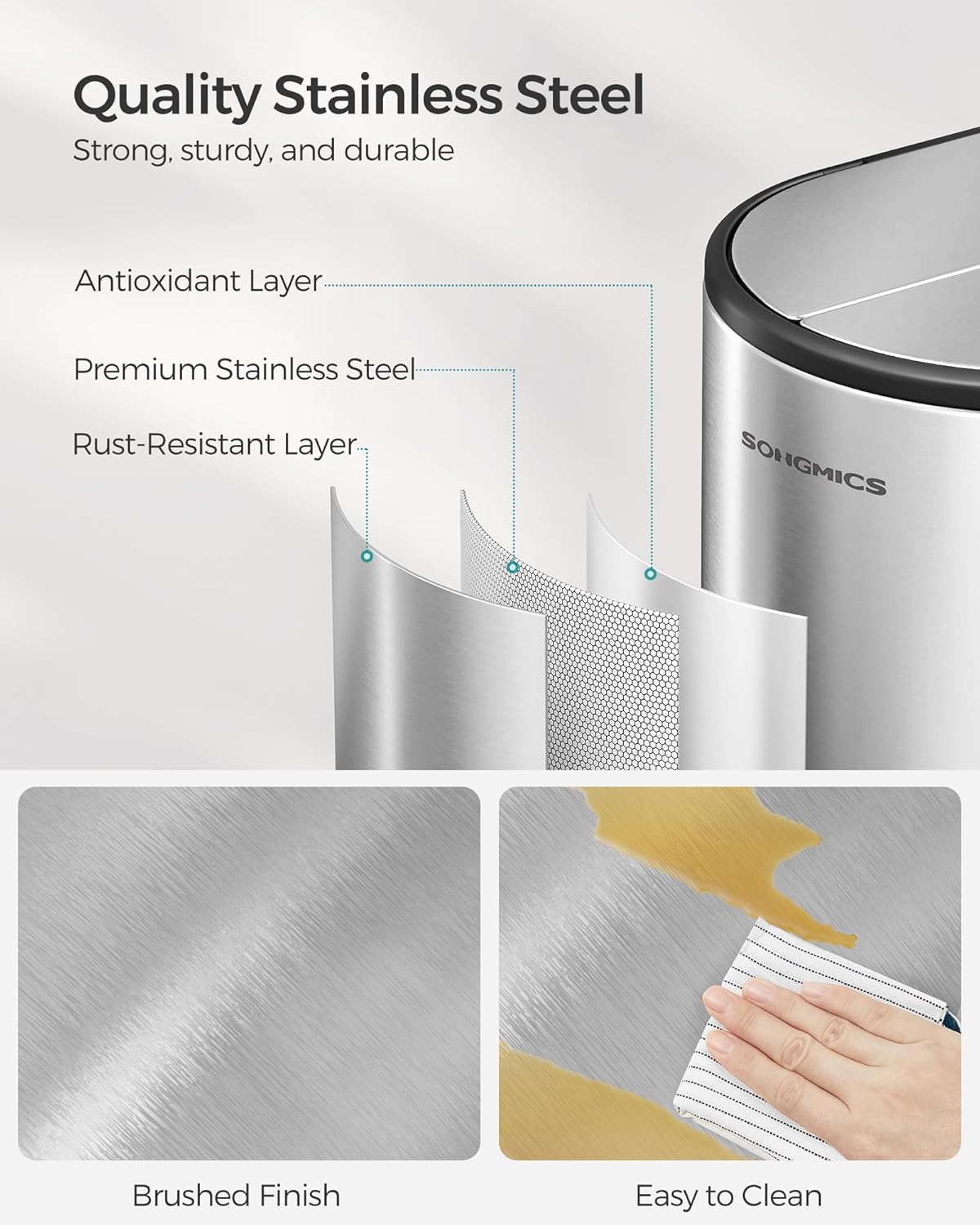 SONGMICS 13-Gallon Dual Kitchen Trash Can, 5.3 and 8 Gallon Compartments, Garbage Can with Wing Lids, Stainless Steel, Soft Close, Inner Buckets, Metallic Silver ULTB570E50