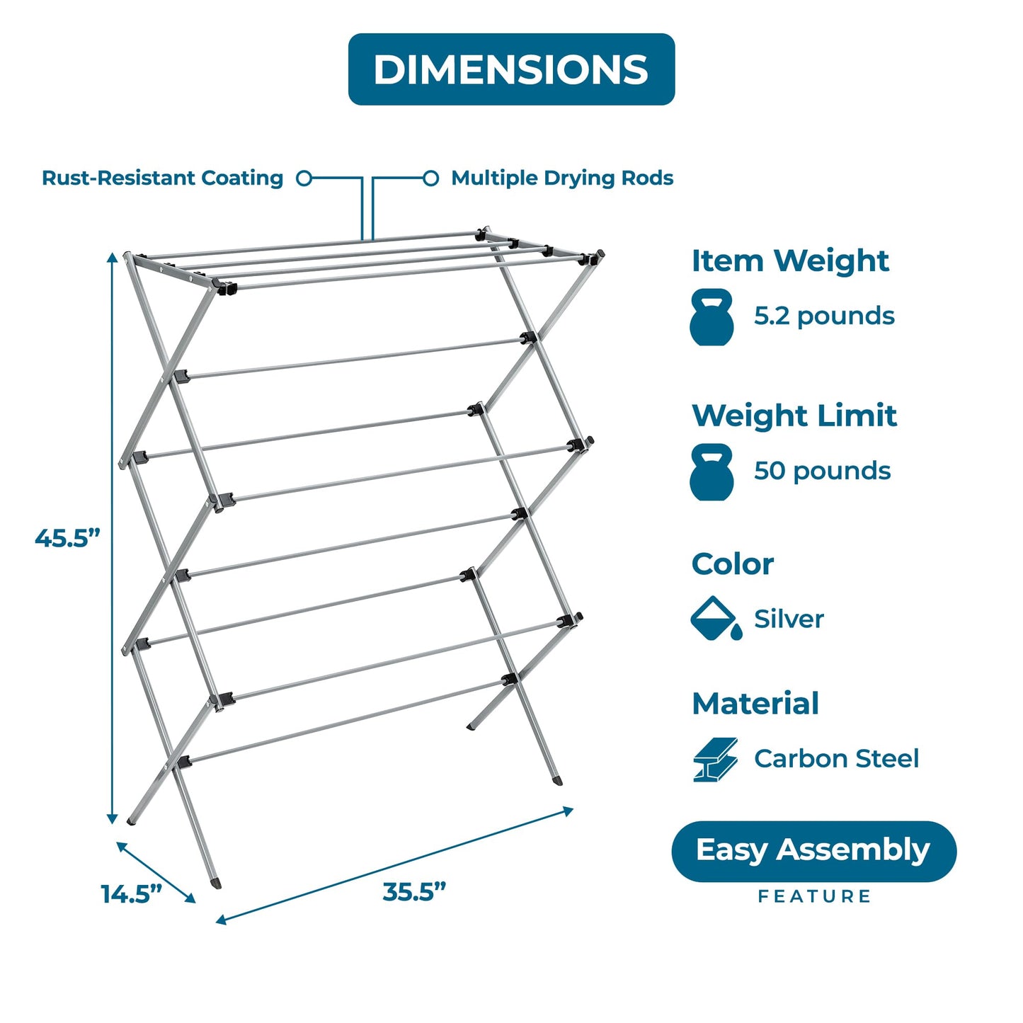 Honey-Can-Do Oversized Collapsible Clothes Drying Rack, 35", 50 lb, Grey