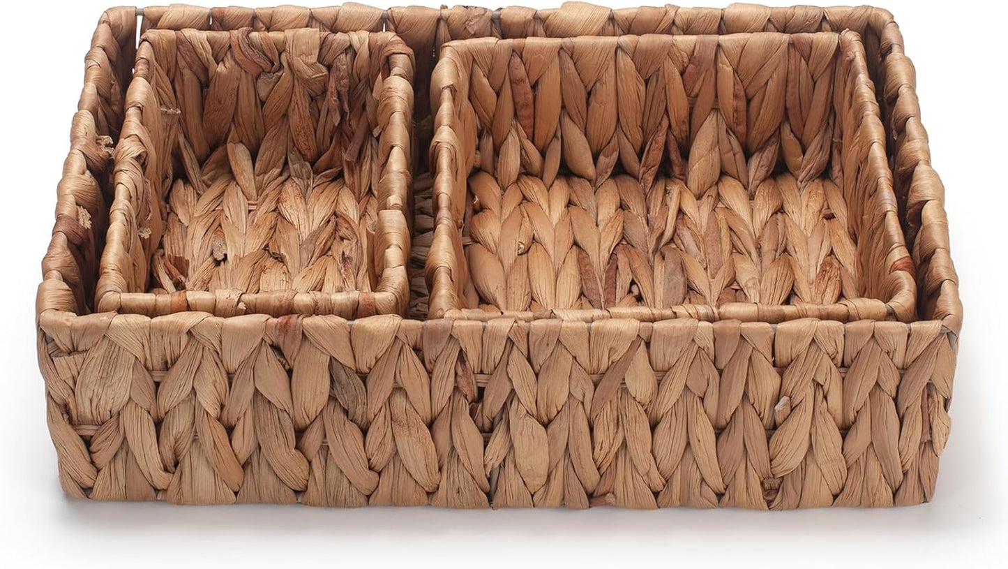 Water Hyacinth Rectangular Storage Basket for Organizing Natural Wicker Baskets for Shelves Pantry Bathroom Set of 3