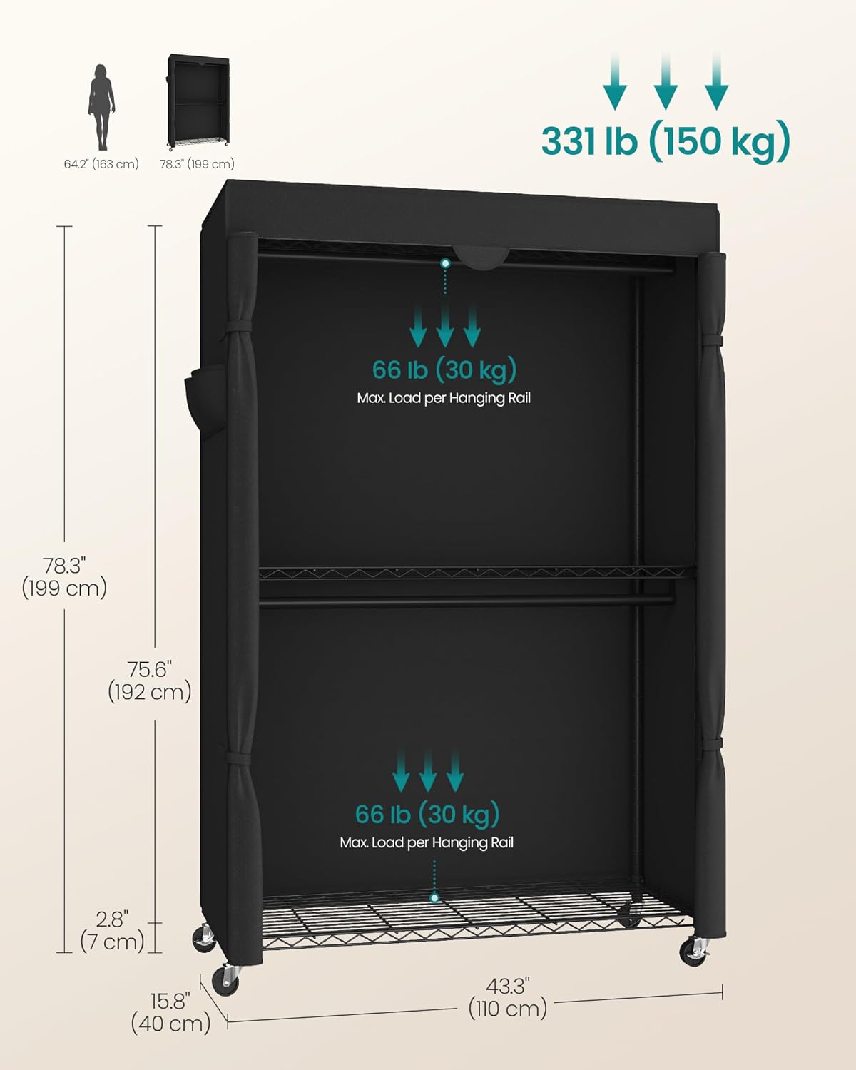 SONGMICS Heavy-Duty Rolling Clothes Rack, Garment Rack, Portable Closet, 43.3-Inch Wide Clothing Rack on Wheels, with Adjustable Mesh Shelves and Hanging Rails, Fabric Cover, Ink Black ULGR415B01