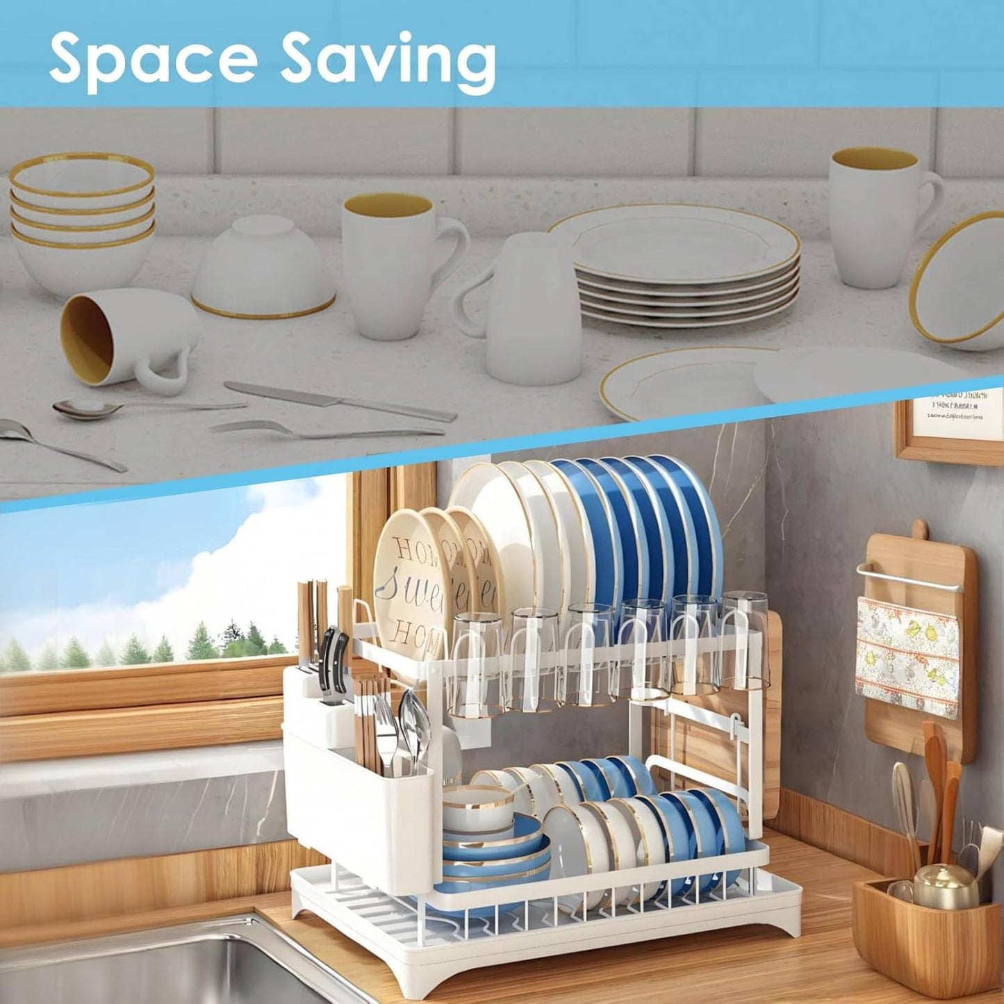 Dish Drying Rack for Kitchen Counter 2 Tier Iron Dish Drainer with Removable Cutlery Basket, White