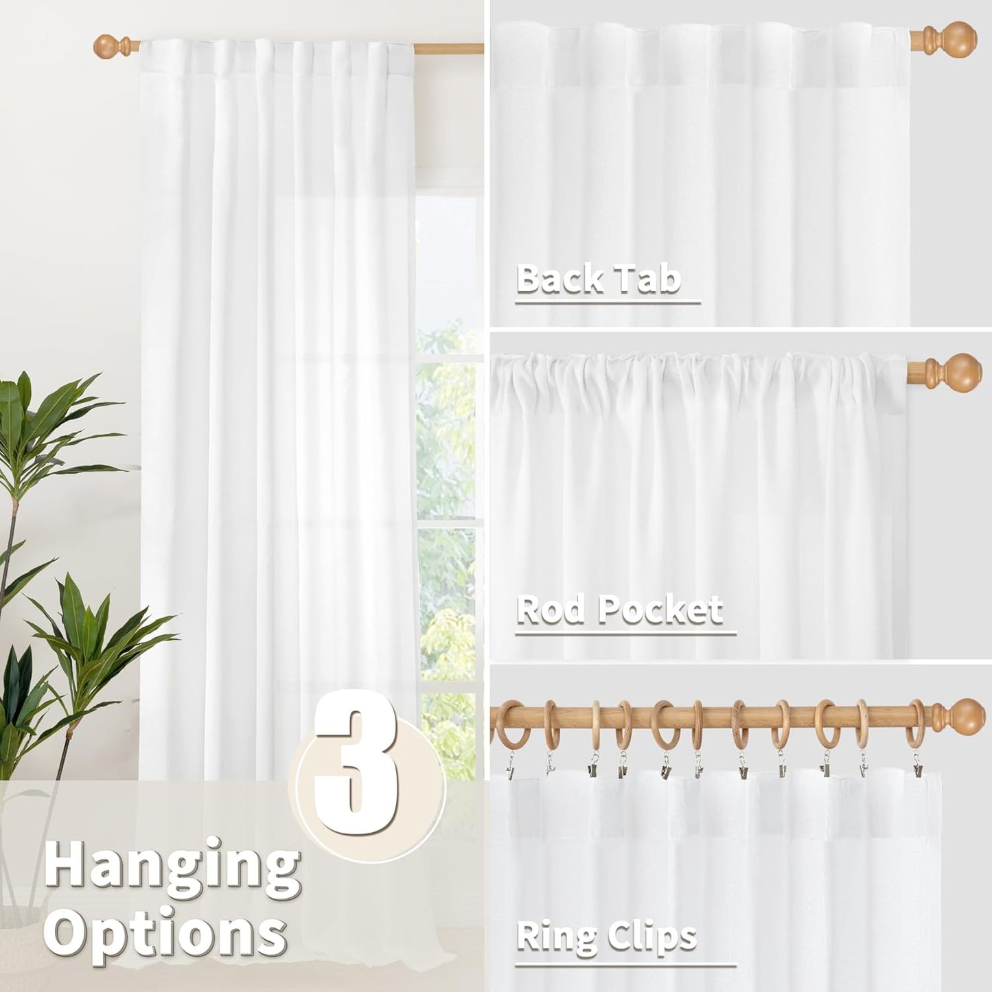 YoungsTex White Linen Curtains 78 Inch Length for Living Room, Light Filtering Semi Sheer Window Drapes Rod Pocket Back Tab Curtain for Bedroom Dining Room Rustic, 2 Panels, 52 X 78 Inch