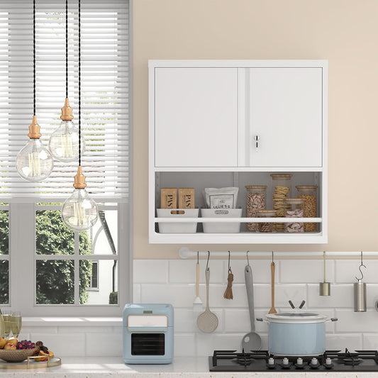 Metal Wall Storage Cabinet, Steel Storage Cabinets with Locking Doors and Shelves, Hanging Cabinet with Guard Bar, Ideal for Kitchen, Laundry, Home Office