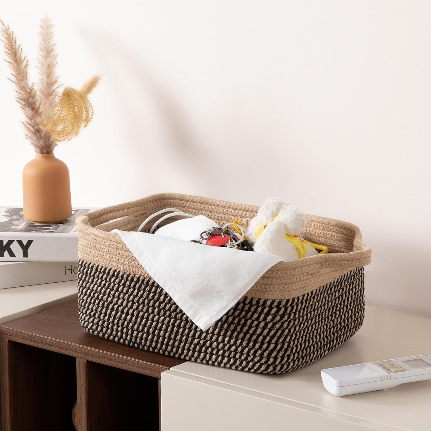 OIAHOMY 3 Pack Storage Baskets for Organizing, Woven Cotton Rope Basket for Shelves, Closet Organizer Bins with Handles, Rectangle Toy Organization, 13.78''×9.84''×5.5'', Brown & Black