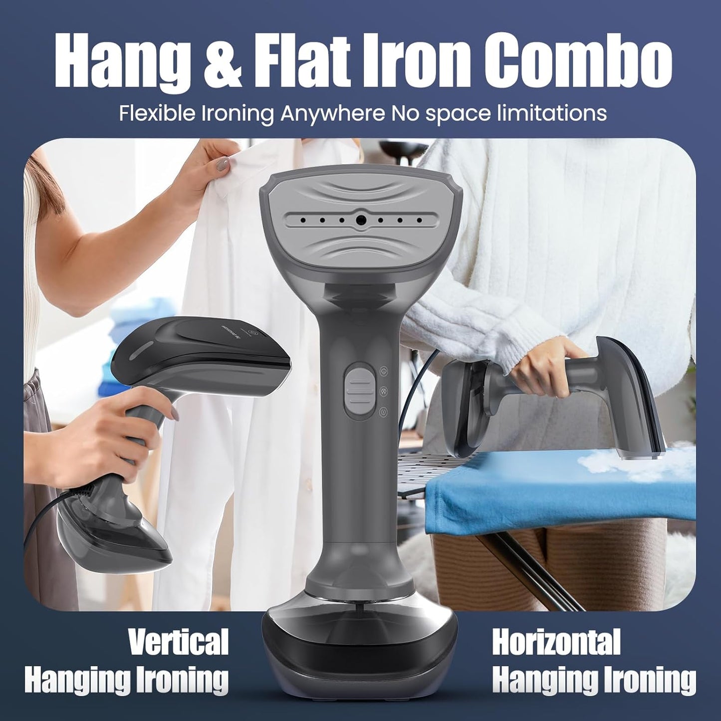 Powerful Handheld Fabric Steamer - 1800W with Fast Ceramic Heat-Up Plate, 2-in-1 Ironing & Wrinkle Remover, Steam Nozzle, Lint Brush - Gray, for US 120V Only