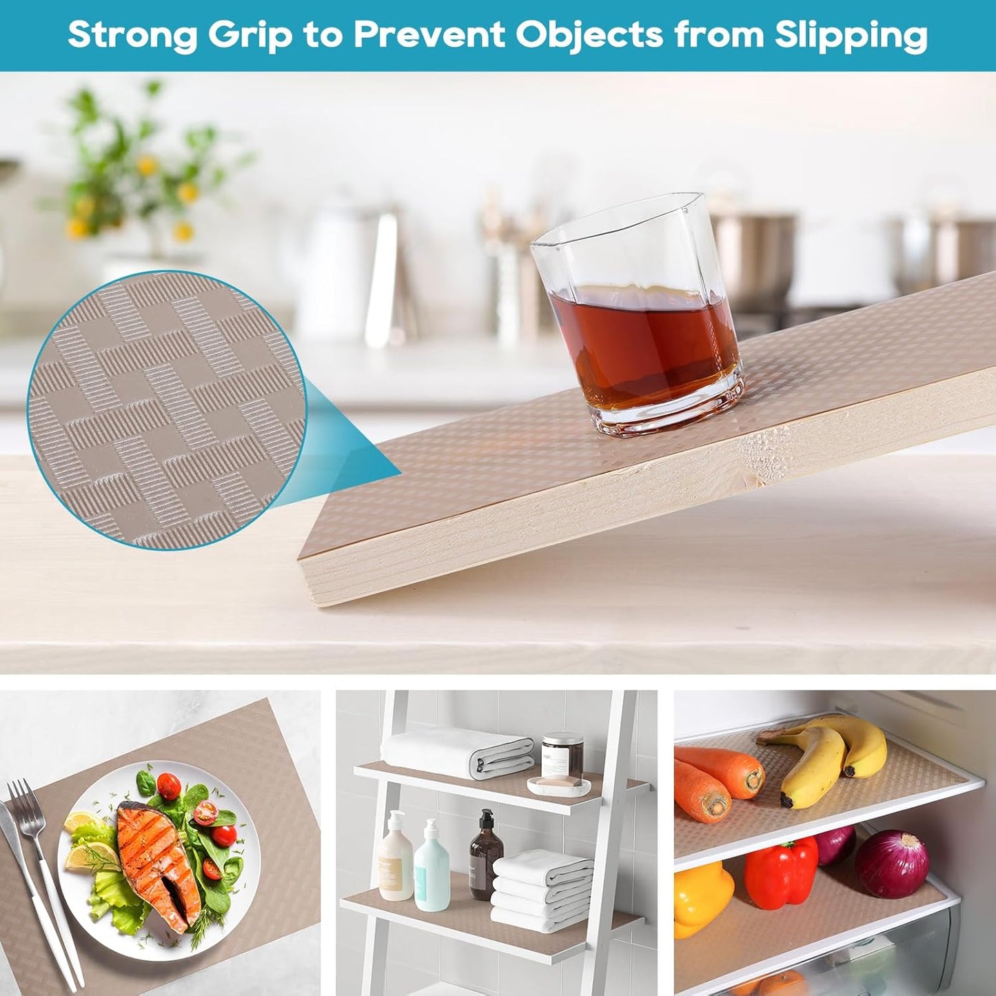 Beige Shelf Liners for Kitchen Cabinets Refrigerator Liners Waterproof & Oil-Proof Kitchen Cupboard Liner Drawer Mats EVA Material Non Adhesive Fridge Liner for Shelves 23.6 x 236.2 Inches