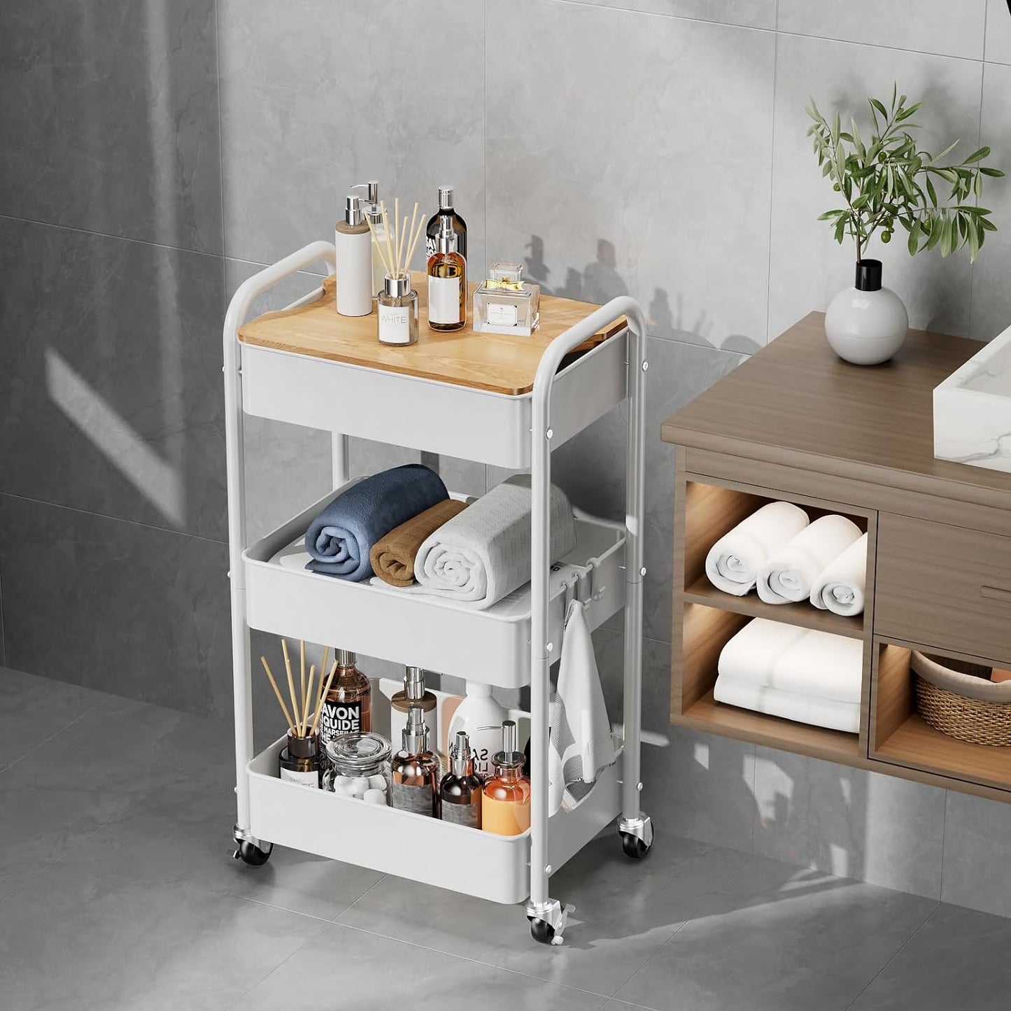 3 Tier Rolling Cart with Table top, Metal Rolling Utility Cart on Wheels, Sturdy Storage Organizer Cart with Hooks for Office, Classroom, Kitchen and Bathroom (White)