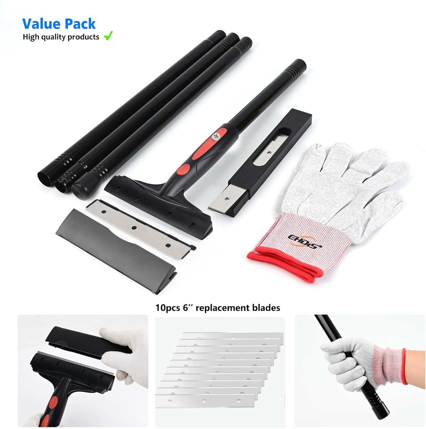 EHDIS Extenble Razor Blade Scraper, 16''-58'' Long Handle 6" Wide Blade Scraper Tool with 10 Double-Edge Blades for Cleaning Paint, Caulk, Adhesive,Painting, Tile, Floors, Walls (068-pro)