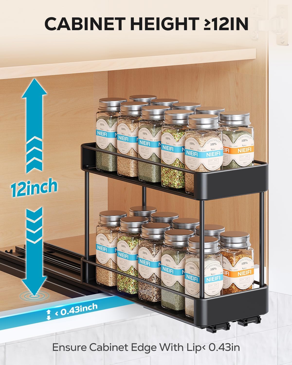 Nieifi Spice Rack Organizer for Cabinet, Vertical Spice Rack Pull Out, Easy to Install, Metal, 4.5''Wx10.35''Dx8.4''H, 2 Pack, 2 Tiers(Black)