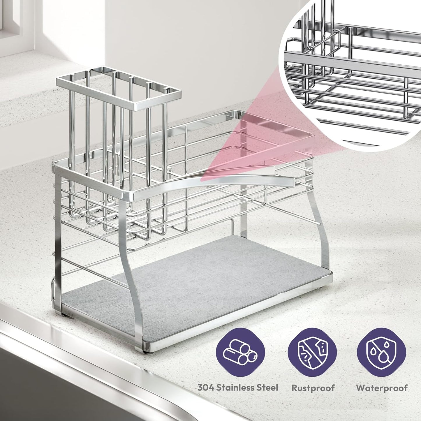 SWTYMIKI Kitchen Sink Caddy Organizer, 2 Tier Sponge Holder for Kitchen Sink with Instant Drying Stone, Removable Brush Holder for Fast Drying on Countertop, Silver