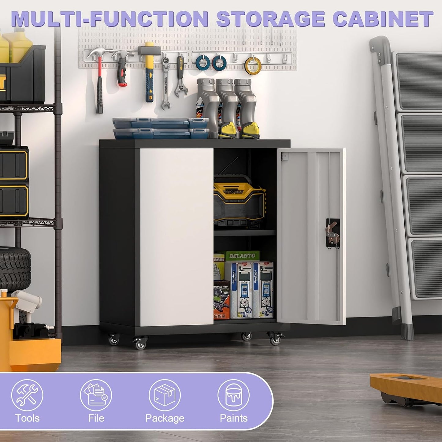 Metal Storage Cabinet with Wheels, Steel Mobile Garage Cabinets with Lockable Door and Adjustable Shelf, Metal Rolling Tool Cabinet, Utility Cabinet for Home, Office, Black+Gray