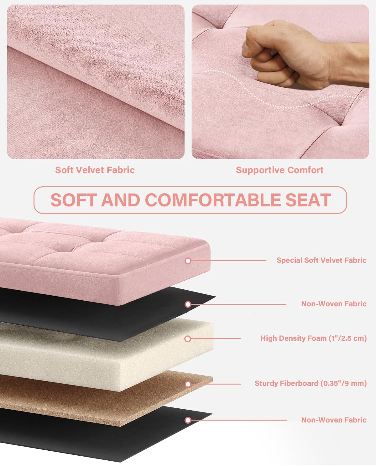 Folding Storage Ottoman, Velvet Storage Bench, Footrest, Removable Divider, for Living Room, Bedroom, 15 x 43 x 15 Inches, 660 lb Load Capacity, Jelly Pink UASND02P
