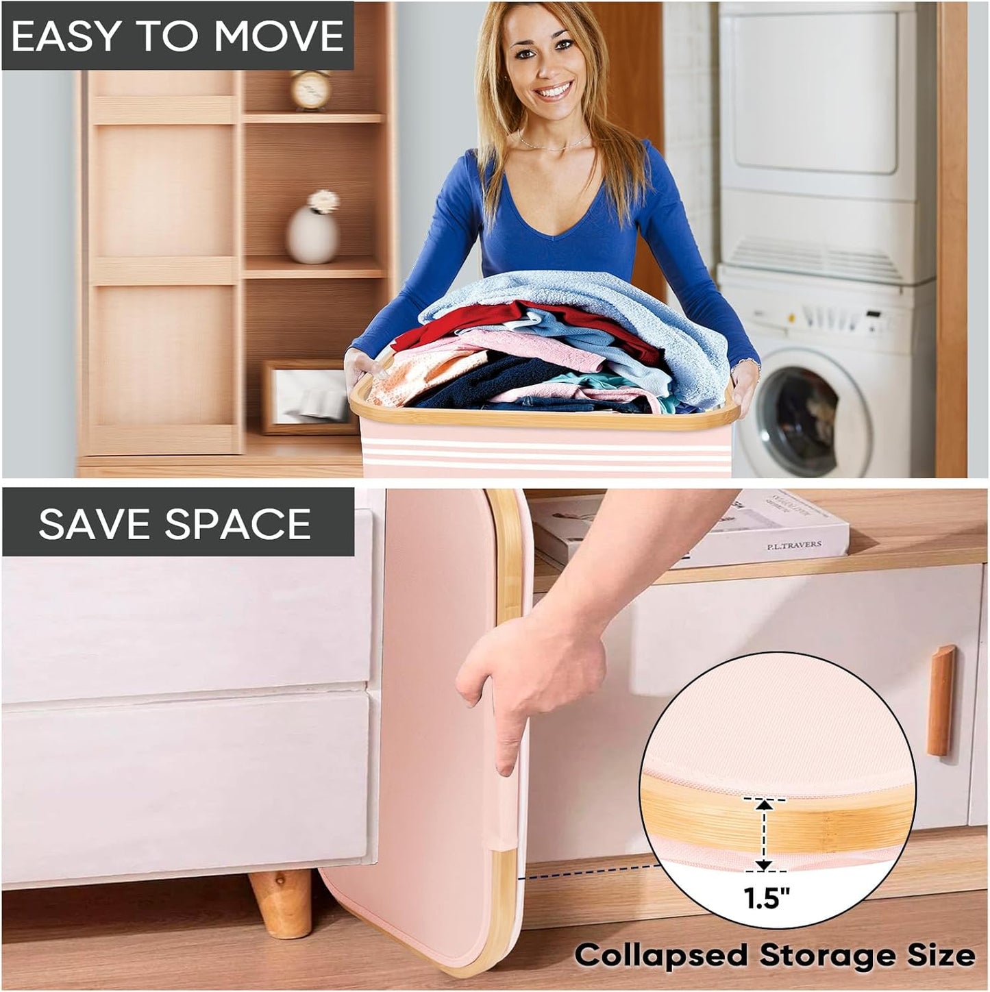 BALEINE Laundry Hamper with Lid, Tall Laundry Baskets with Bamboo Pull Handles, Large Laundry Bin with Internal Support (26 Gal/100L, Pink Pinstripe)