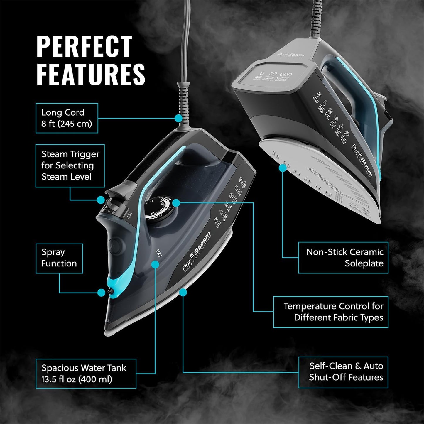 Pursteam SteamBurst+ 1750W Steam Iron, Ceramic Soleplate, Adjustable Steam, Burst of Steam, Self-Clean, Anti-Calc, Anti-Drip, Powerful & Long-Lasting Steam for All Fabrics