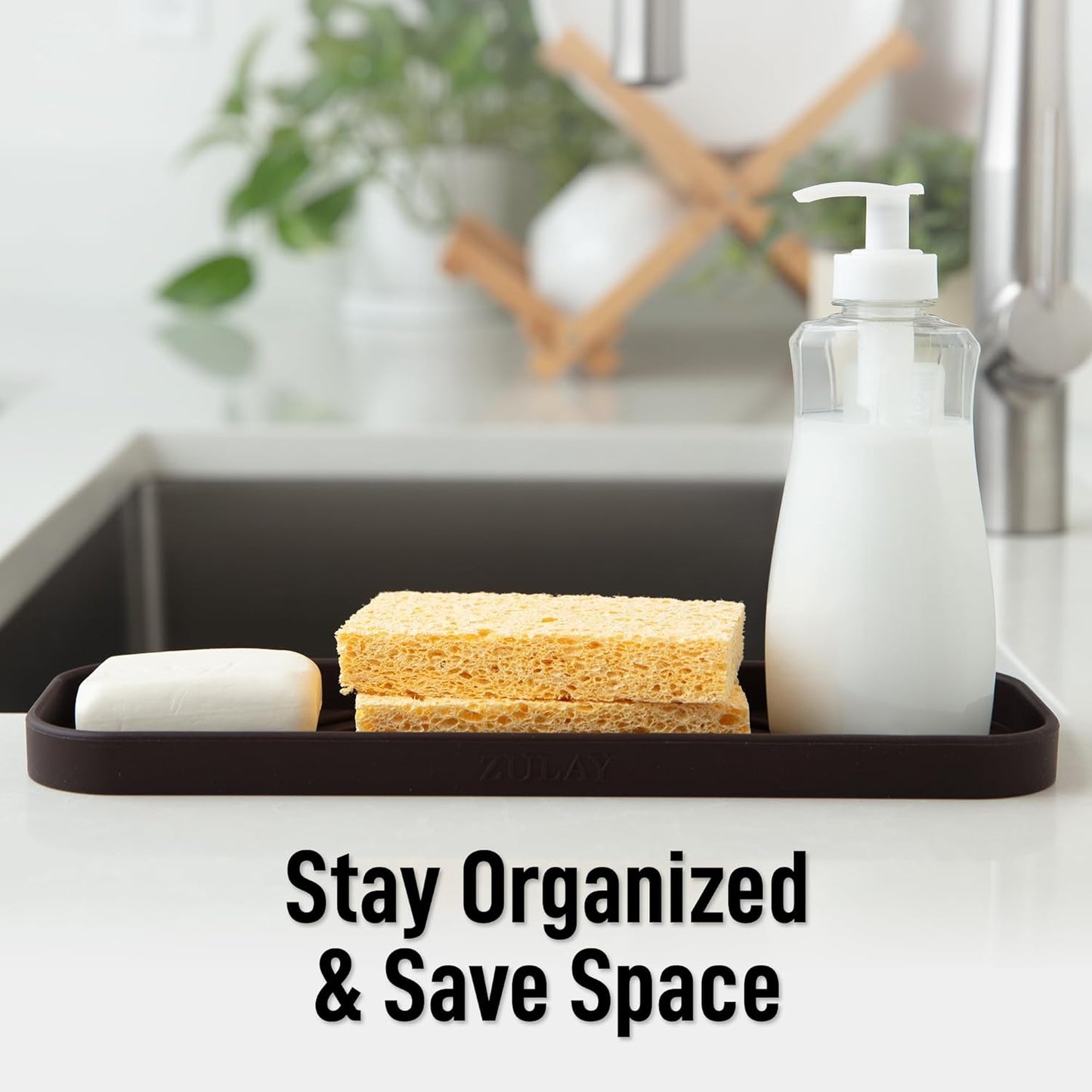 Zulay Large Silicone Sponge Holder (12x4) – Flexible Sink Organizer Tray for Kitchen & Bathroom – Multipurpose Soap Dish for Sponges, Makeup, Trinkets & More (Chocolate)