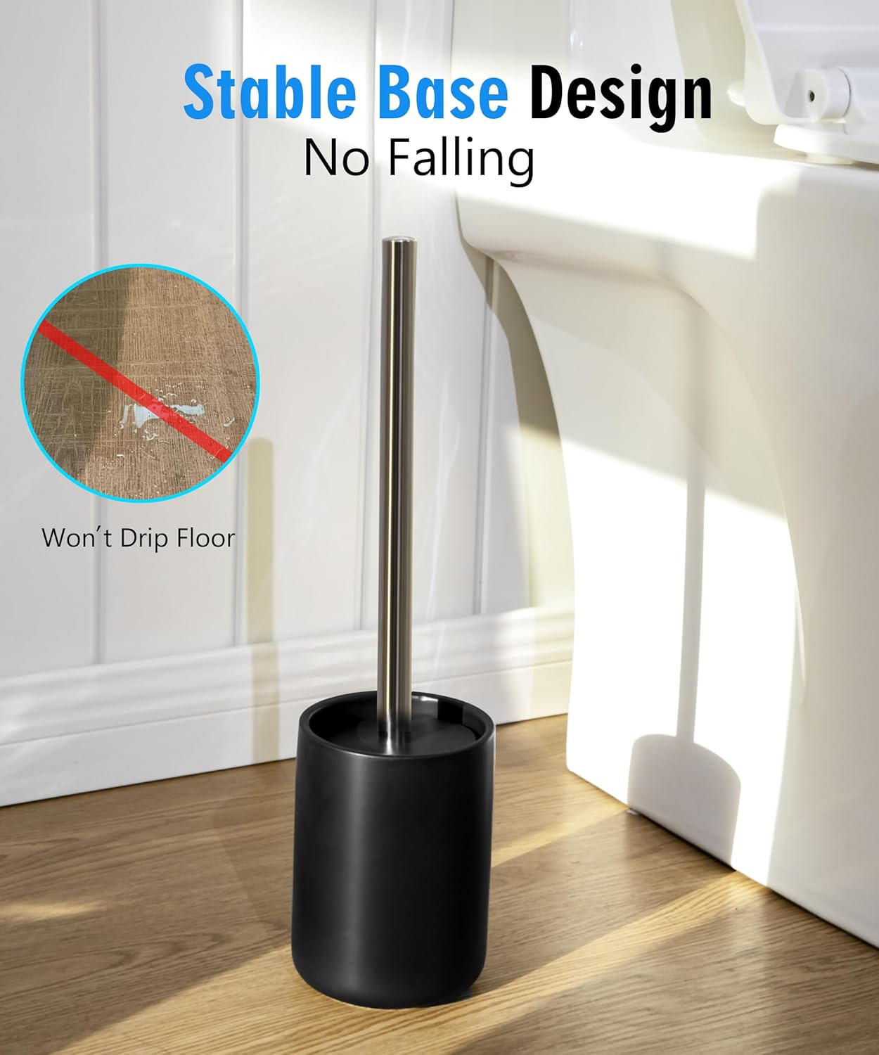 Ceramic Toilet Brush & Holder Set - Freestanding Deep-Cleaning Toilet Bowl Cleaner Brush, Stainless Steel Handle, Small & Sturdy for Storage, Easy to Clean, Non-Scratching