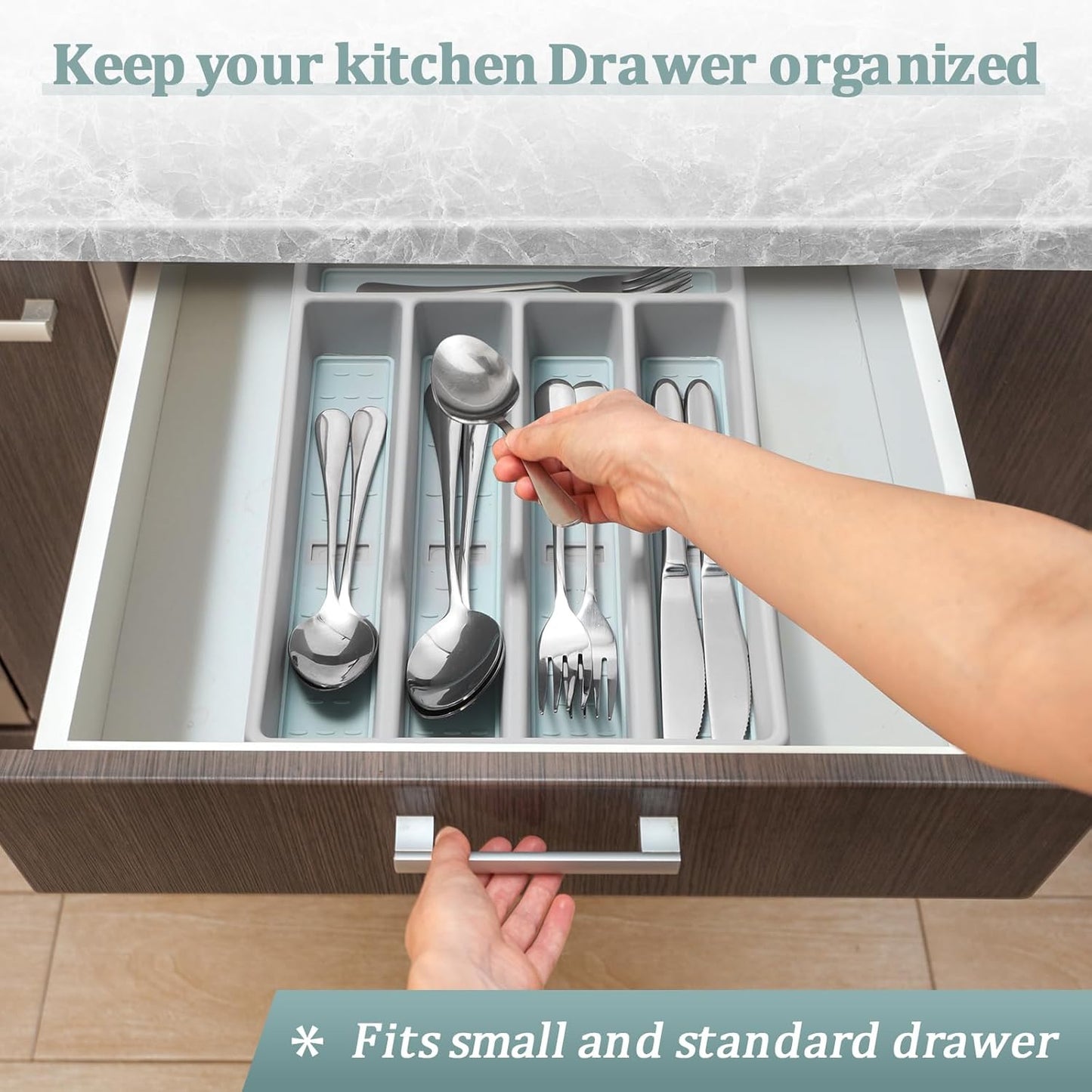 Silverware Organizer with Cutlery Icons,Silverware Tray for Kitchen Drawer,Flatware Tableware Cultery Drawer Organizer Utensil Organizer with Non-slip TPR Linings,Kitchen Organization Essentials
