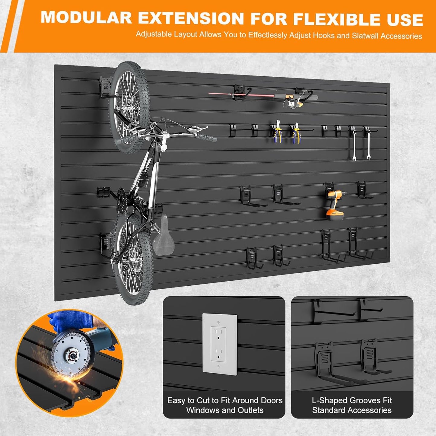 DoCred Slatwall Paneling Organizer, 4x7.5 FT PVC Garage Slat Wall Storage Systems, Heavy Duty Mounted Slat Peg Board for Tool Organization Ladder Bike Includes 20 PCS Hooks Accessories Kit (Black)