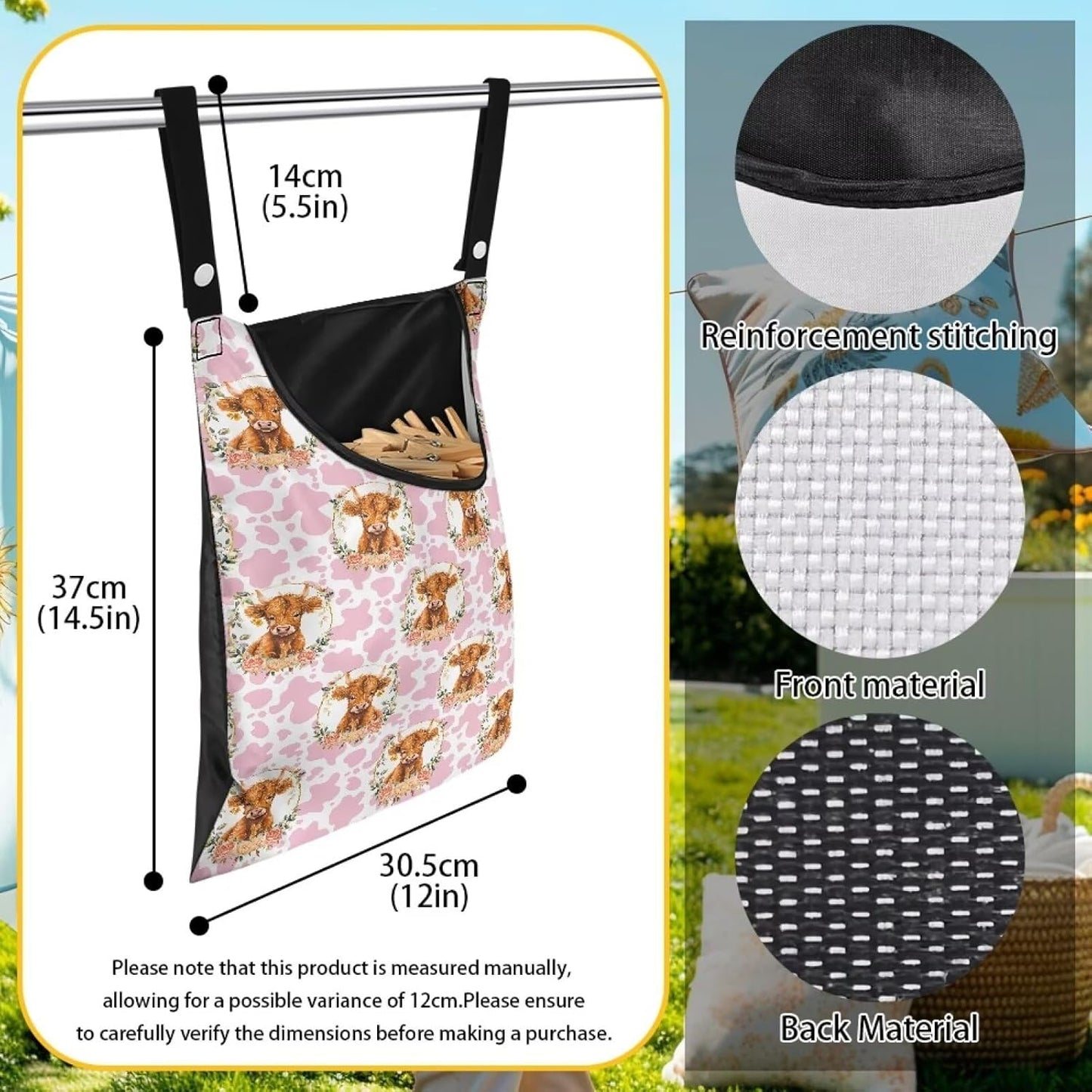 Cattle Clothespin Bags with Hanging Rope Pink Cow Print 14.5 x 12 Inch Summer Waterproof Laundry Clothes Pin Holder Clothespin Storage Organizer with Large Opening