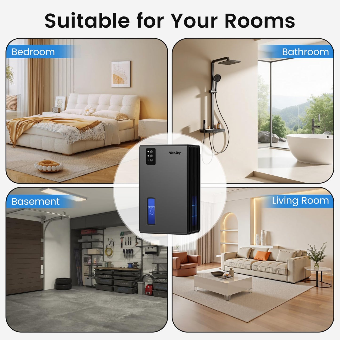 NineSky Dehumidifiers for Home, 1000 Sq.Ft Dehumidifier with 95oz Water Tank, Quiet Dehumidifier