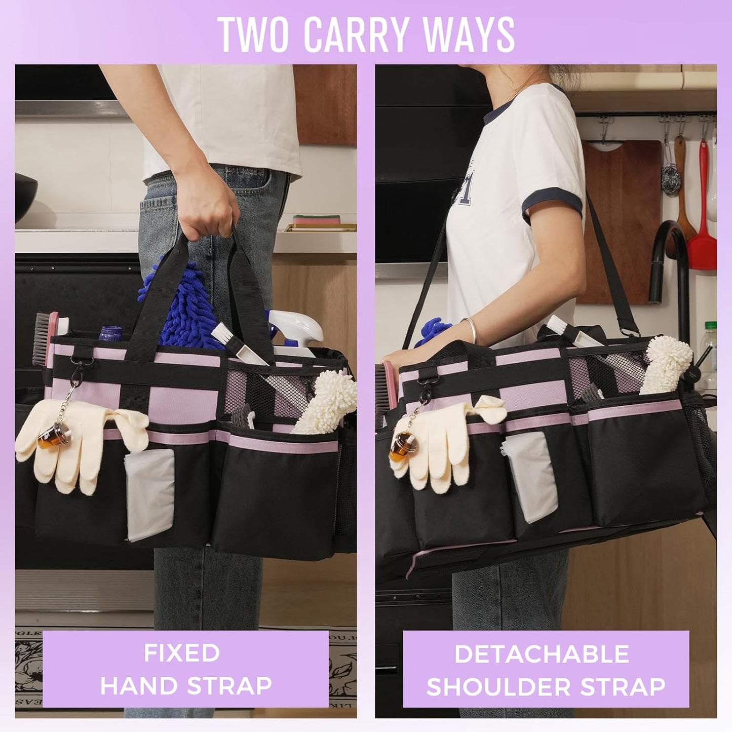 Wearable Cleaning Caddy, Cleaning Caddy Supplies Organizer with Handle & Shoulder Straps for Housekeepers, Under Sink & Car Cleaning Tool Organizers Bag with 4 Foldable Divider (Lilac)