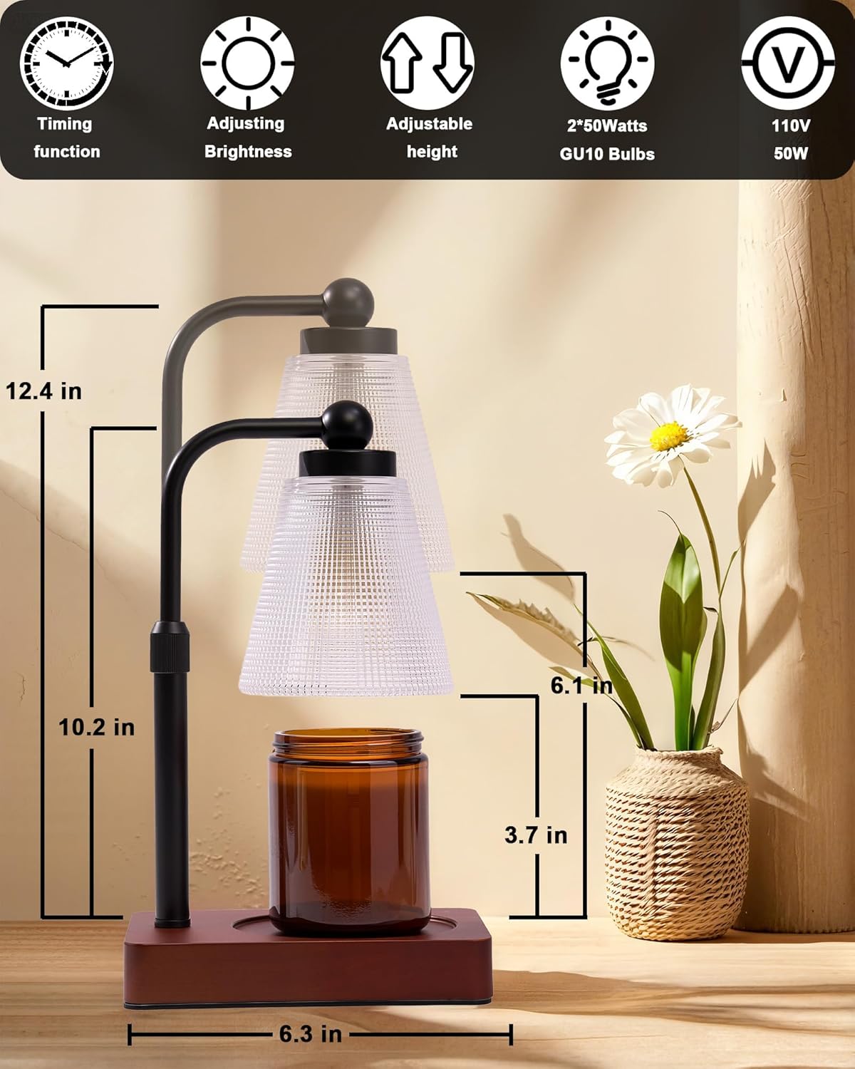 Candle Warmer Lamp - Electric Candle Warmer with Timer, Adjustable Height & Brightness, 2 Replacement Bulbs, 1-Year Warranty - Perfect for Jar Candles, Kitchen, Living Room, Bedroom (Clear)