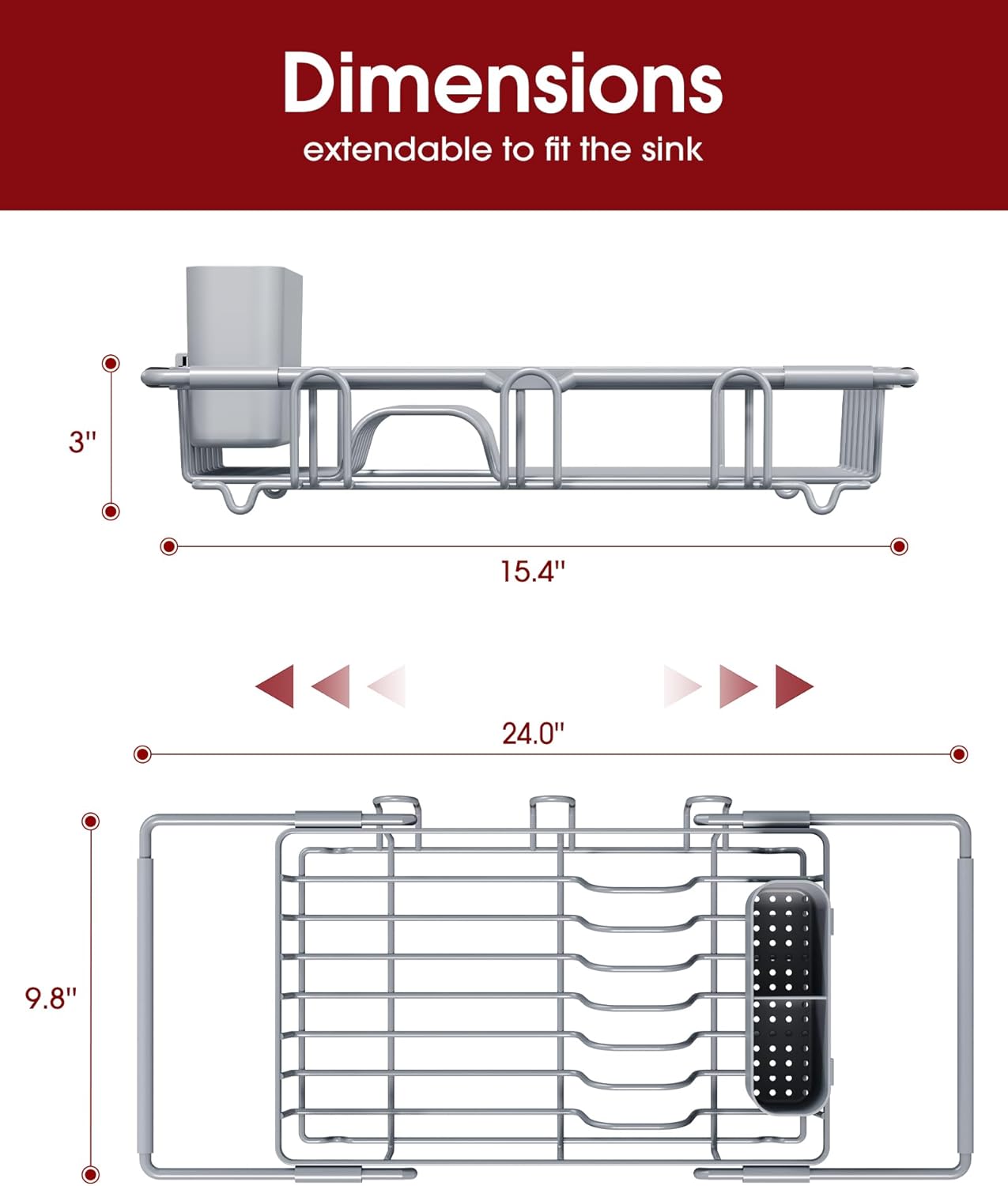 Dish Drying Rack in Sink - Expandable Stainless Steel Dish Rack Over The Sink, Kitchen Sink Drain Strainer with Cutlery Holder & Cup Holders, 15.4 x 9.8 x 3.0 Inch, Silver