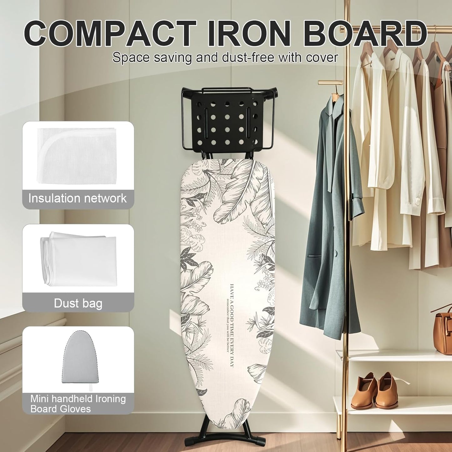 Ironing Board,Foldable Ironing Board Adjustable Height Compact Iron Board Thick Steel Tube Iron Board with Holder,Replacing Cloth Cover and Mini Handheld Gloves(Leaf Print)