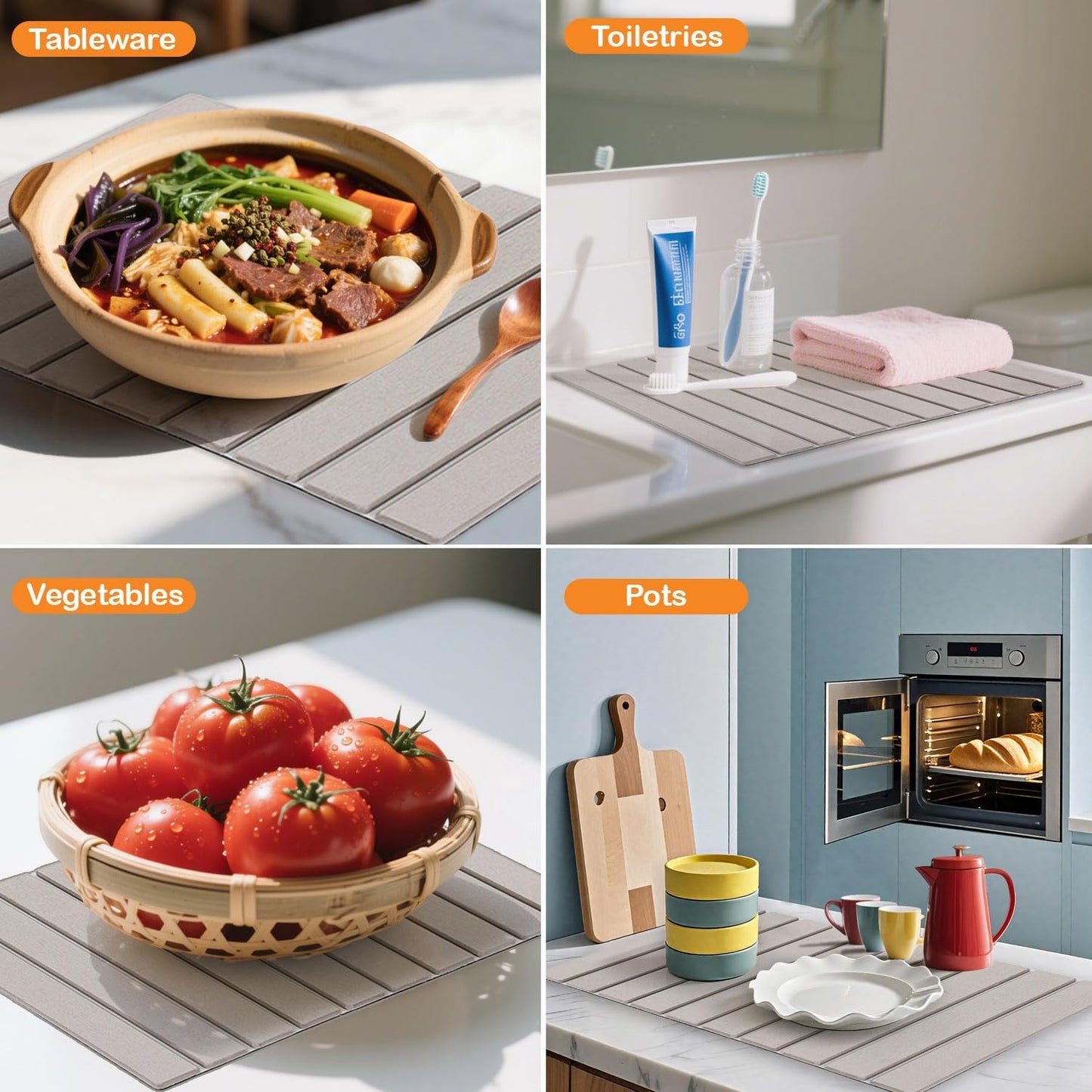 Foldable Stone Dish Drying Mat Fast Dry and Quickly Absorbed Collapsible Drying Mat, Protection Kitchen Counter,Kitchen Dishes Bottles Cups Match Any Countertop 23" x 16"