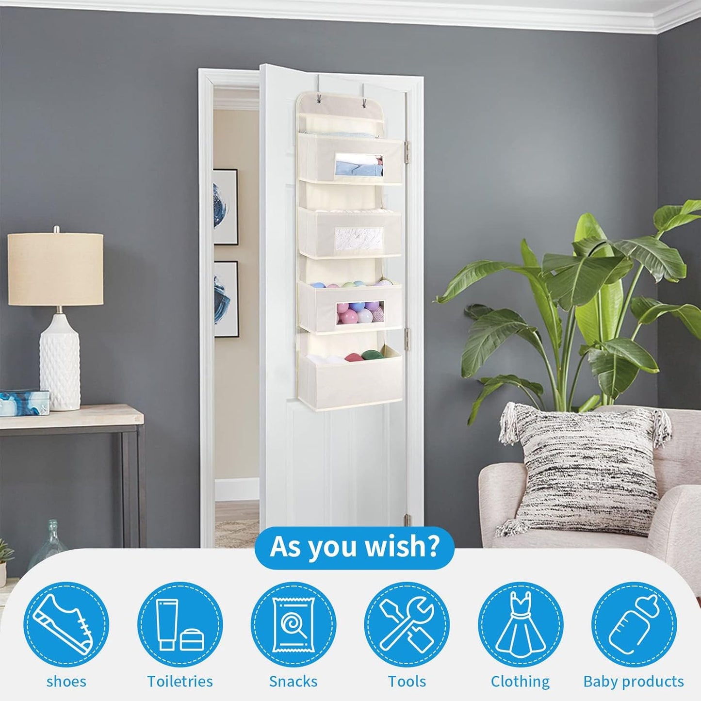 MAX Houser 4-Shelf Over The Door Hanging Organizer with 2 Metal Hooks, 4 Pocket Swing-Proof Behind Door Organizers with Clear Windows for Nursery Bathroom Closet,Dorm,Baby Diapers, Kids Toys (Beige)