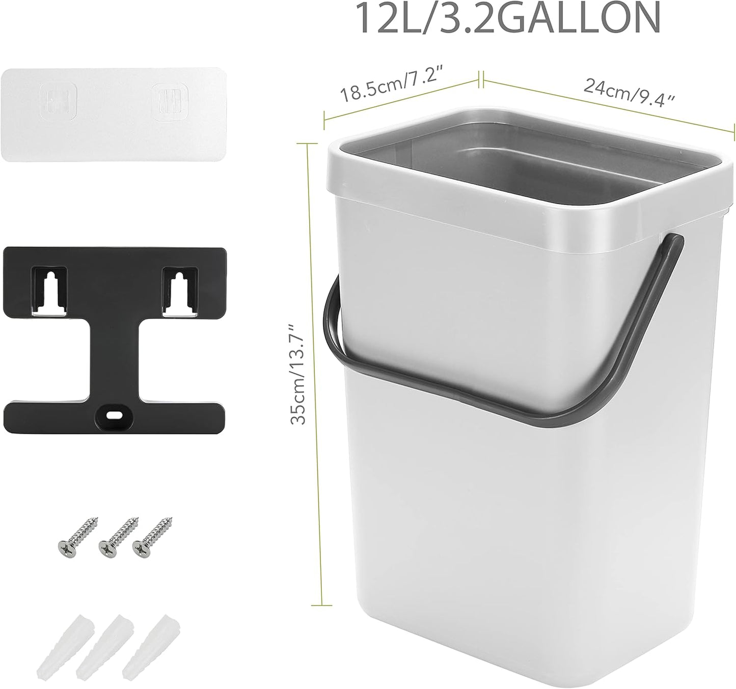 stonespace Hanging Trash Can, 3.2 Gallon/12L Small Waste Bin with Lid for Kitchen Cabinet Door or Under Sink, Bathroom Trash Bin with Lid, Food Waste Bin, 1 Pack White