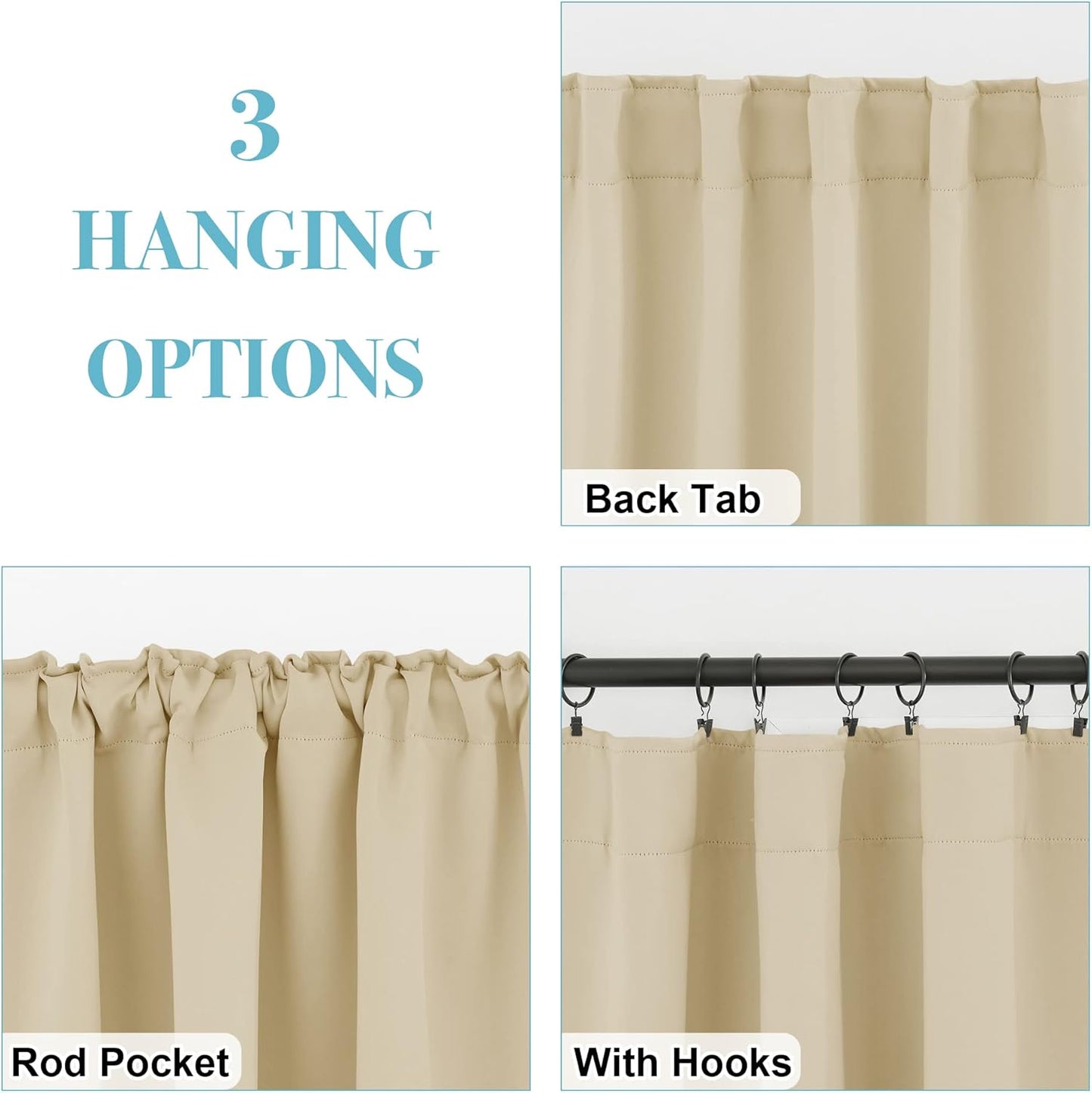 RYB HOME Room Darkening Curtains - Back Tab Haning Top, Sunlights Block Privacy Curtains Kitchen Drapes for Dining Sitting Room Home Office Kids Playroom, 42 x 54, Biscotti Beige, 2 Panels